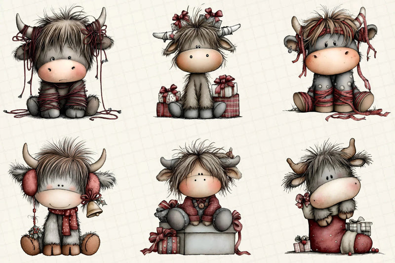 Whimsical Christmas Highland Cow Clipart Bundle - CraftNest - Digital Crafting and Art