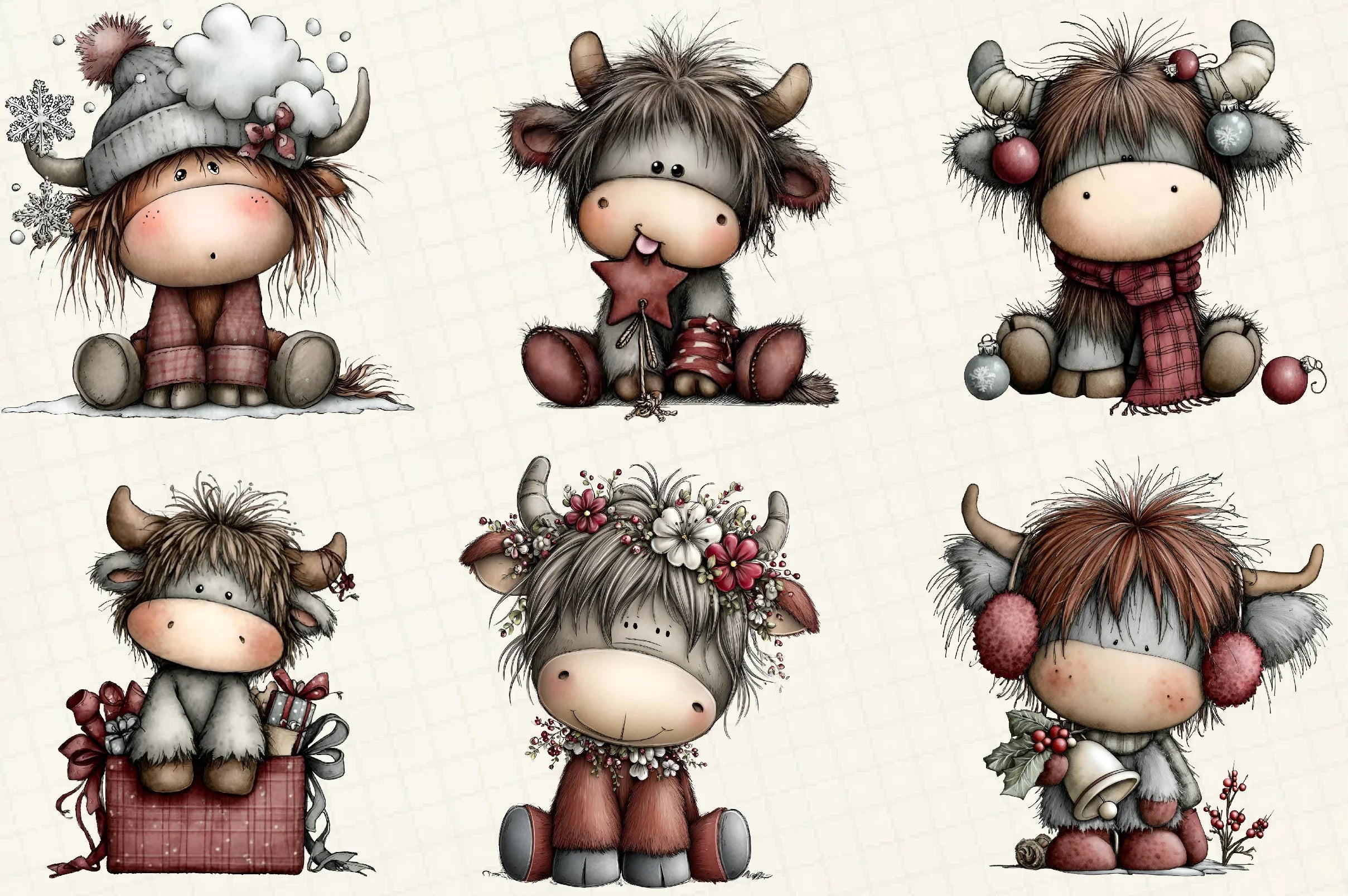 Whimsical Christmas Highland Cow Clipart Bundle - CraftNest - Digital Crafting and Art