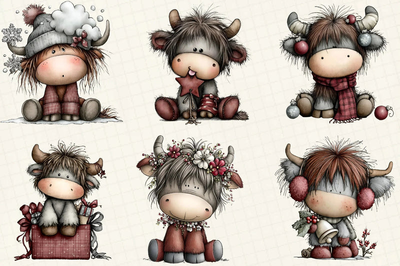 Whimsical Christmas Highland Cow Clipart Bundle - CraftNest - Digital Crafting and Art