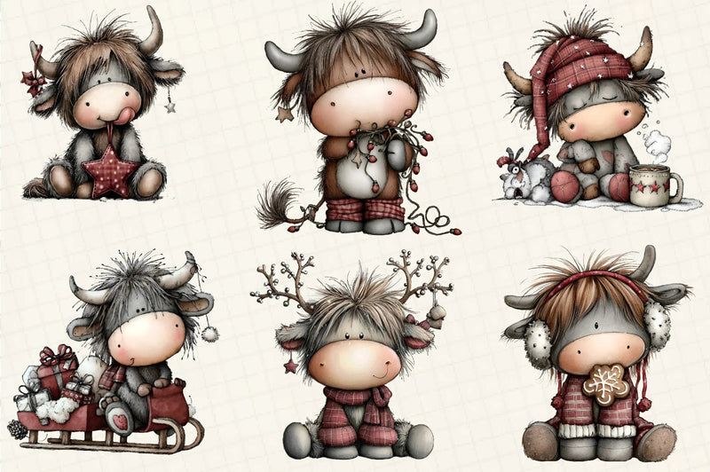 Whimsical Christmas Highland Cow Clipart Bundle - CraftNest - Digital Crafting and Art