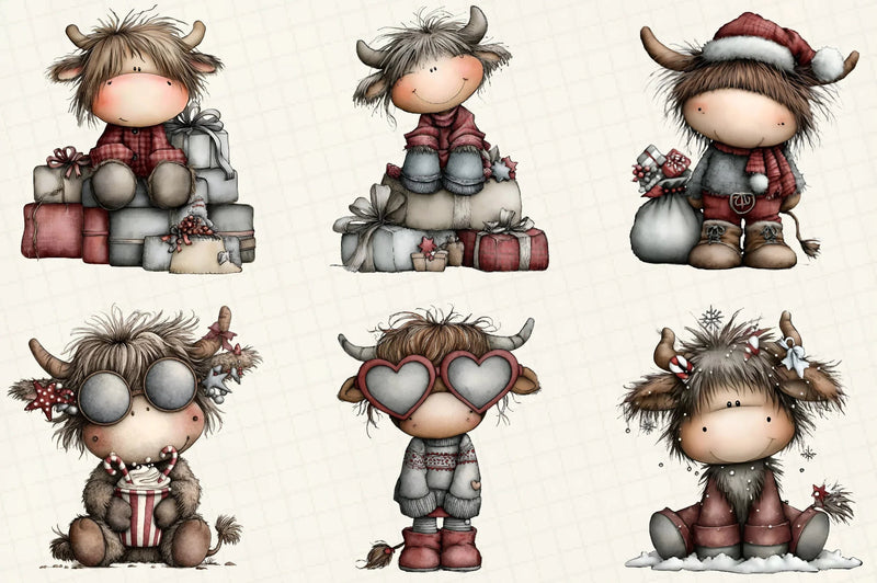Whimsical Christmas Highland Cow Clipart Bundle - CraftNest - Digital Crafting and Art