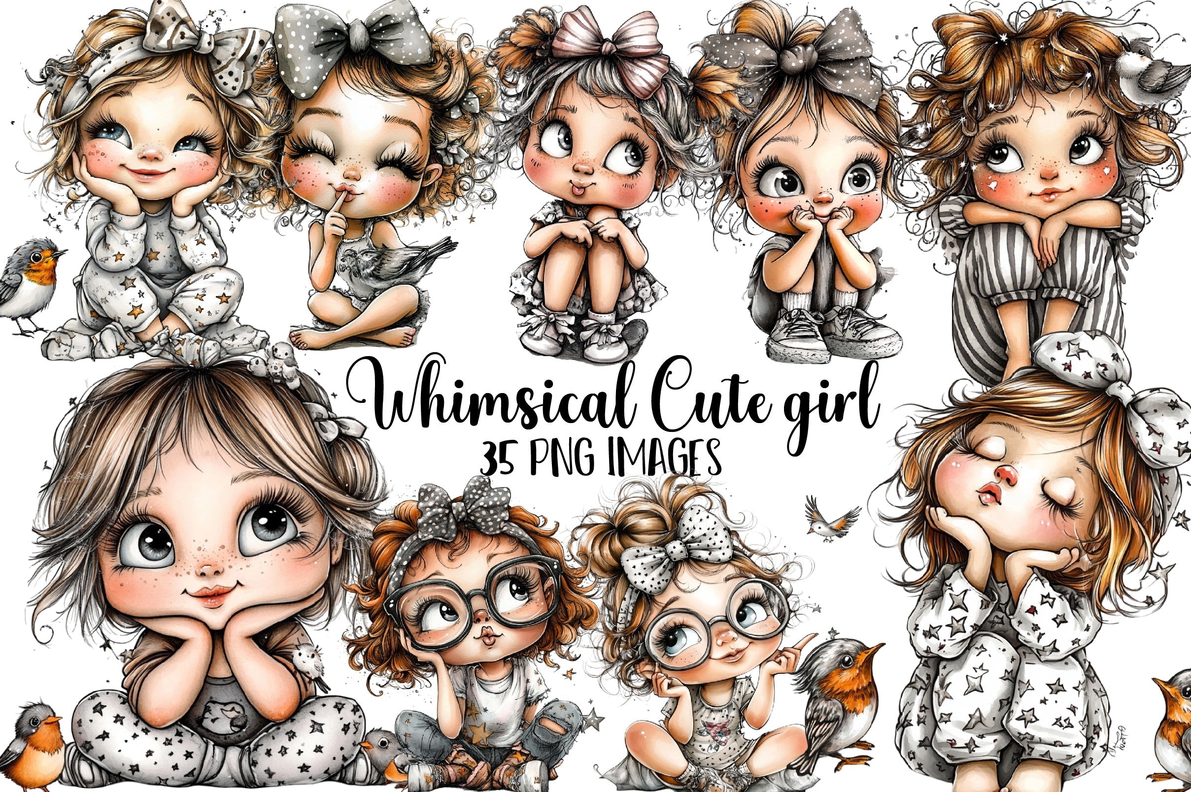 Whimsical Cute Girl Clipart Bundle