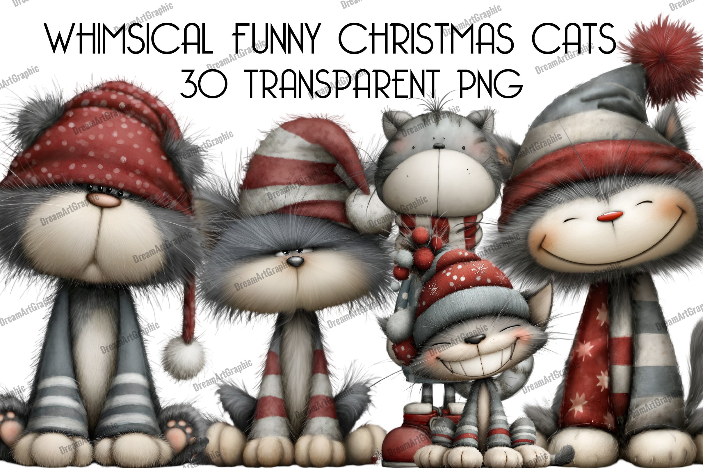 Whimsical Funny Christmas Cats Clipart Bundle
