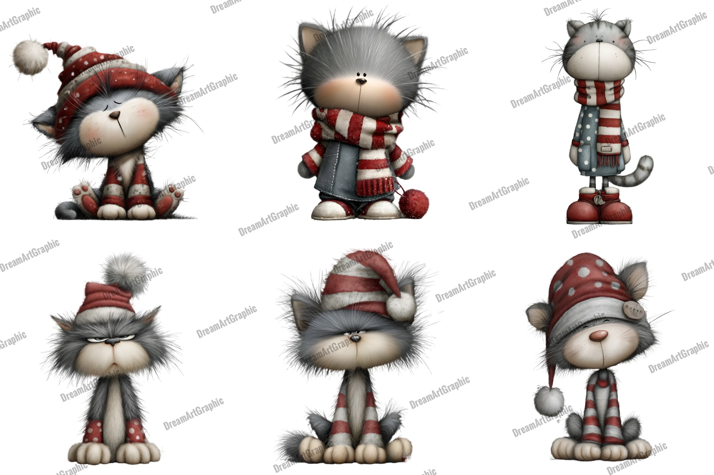 Whimsical Funny Christmas Cats Clipart Bundle