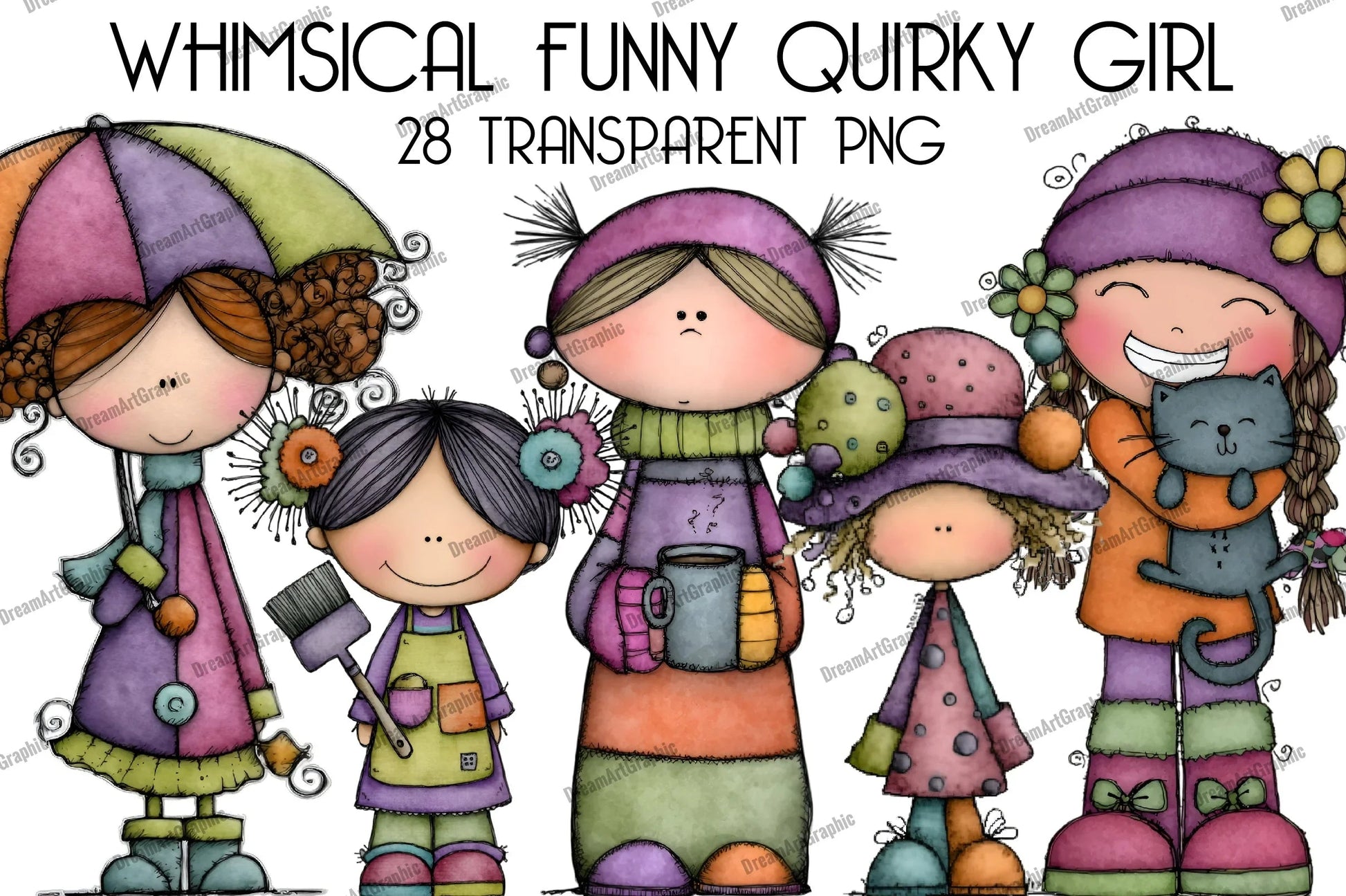 Whimsical Funny Quirky Girl Clipart Bundle - CraftNest - Digital Crafting and Art