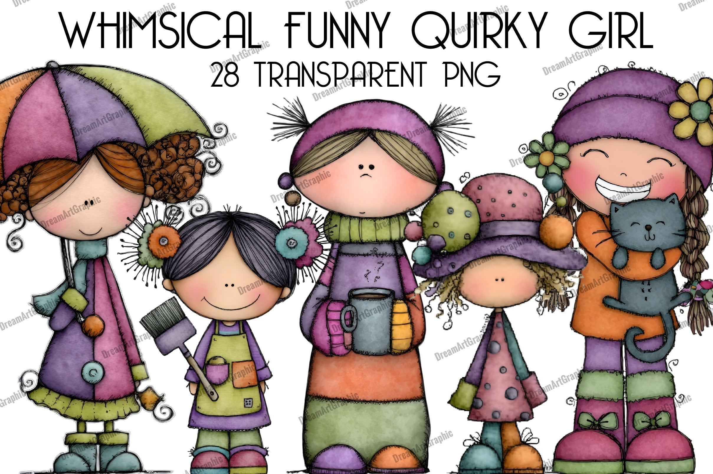 Whimsical Funny Quirky Girl Clipart Bundle