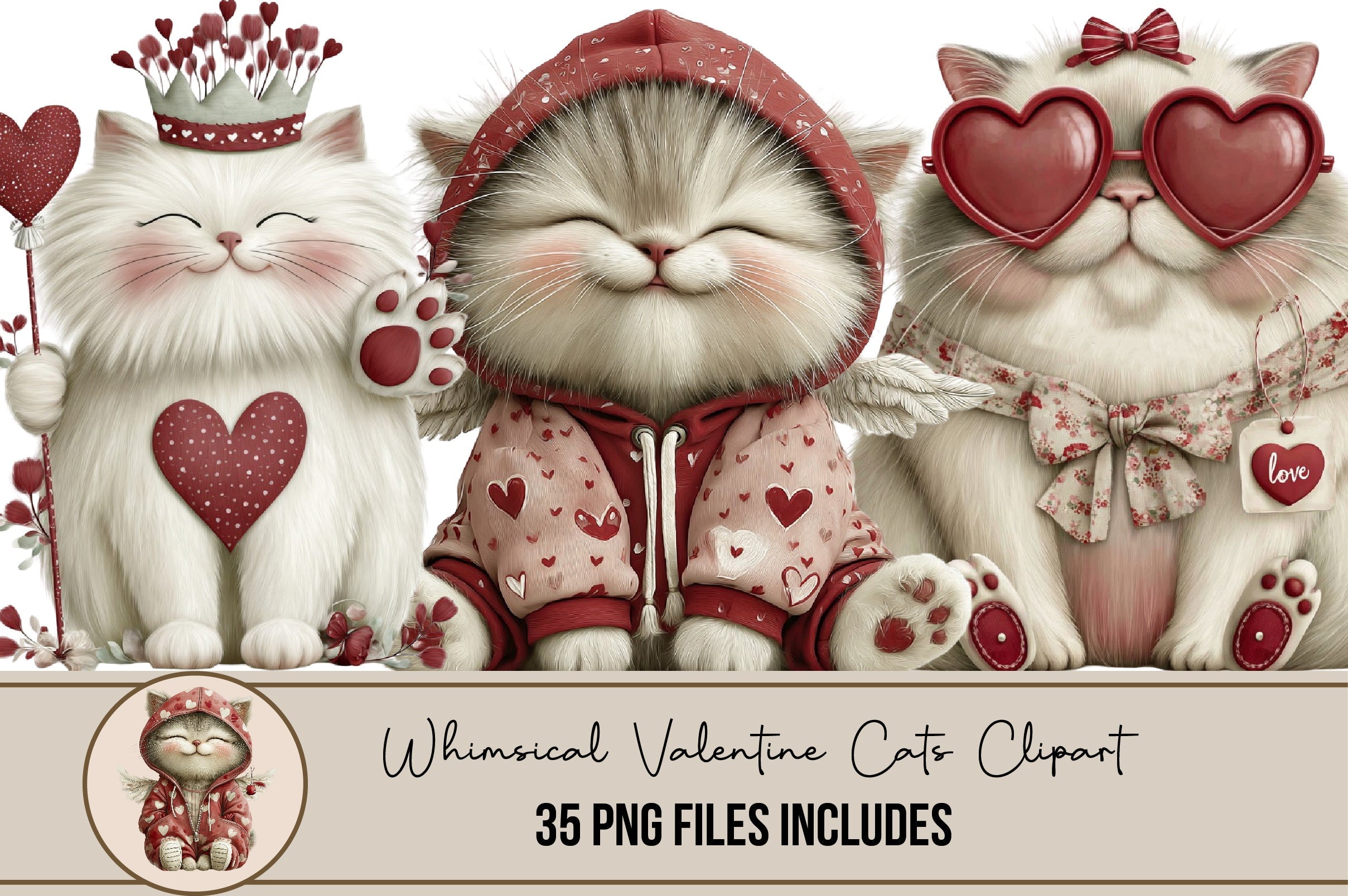 Whimsical Valentine Cats Clipart Bundle