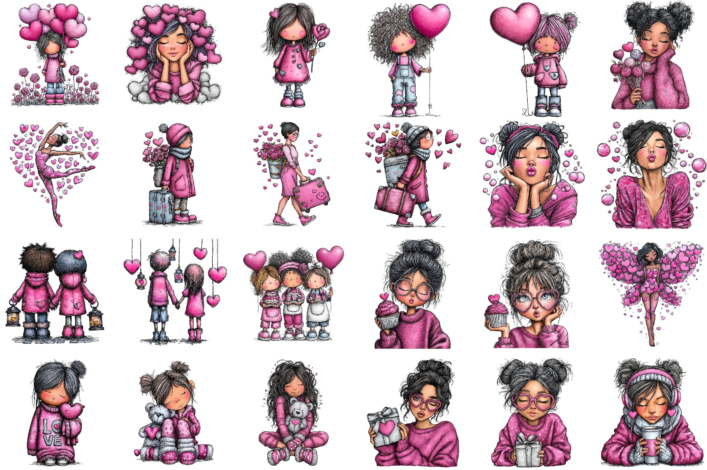 Whimsical Valentine's Day Cute Girl Clipart Bundle