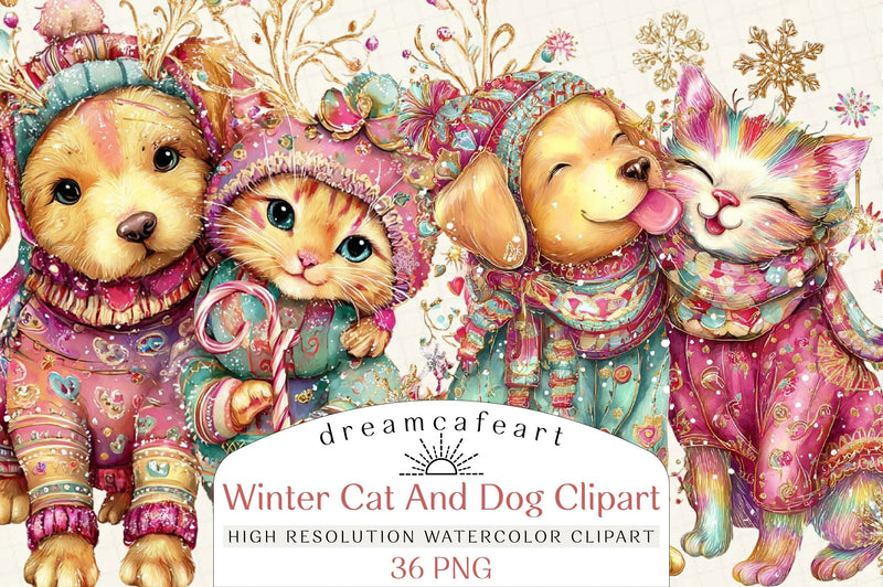 Whimsical Winter Cat & Dog Clipart Bundle - CraftNest - Digital Crafting and Art