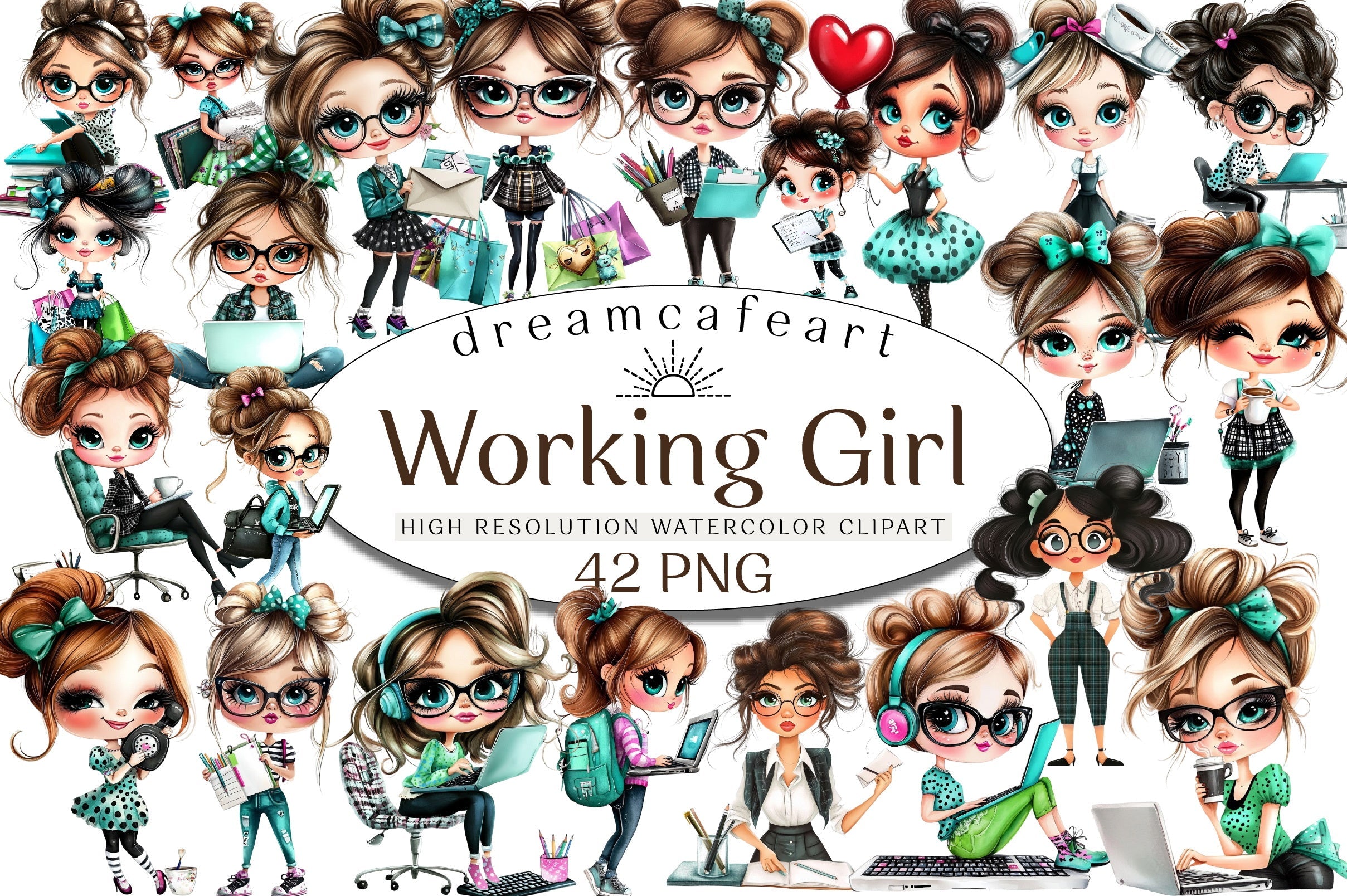 Whimsical Working Girl Clipart Bundle