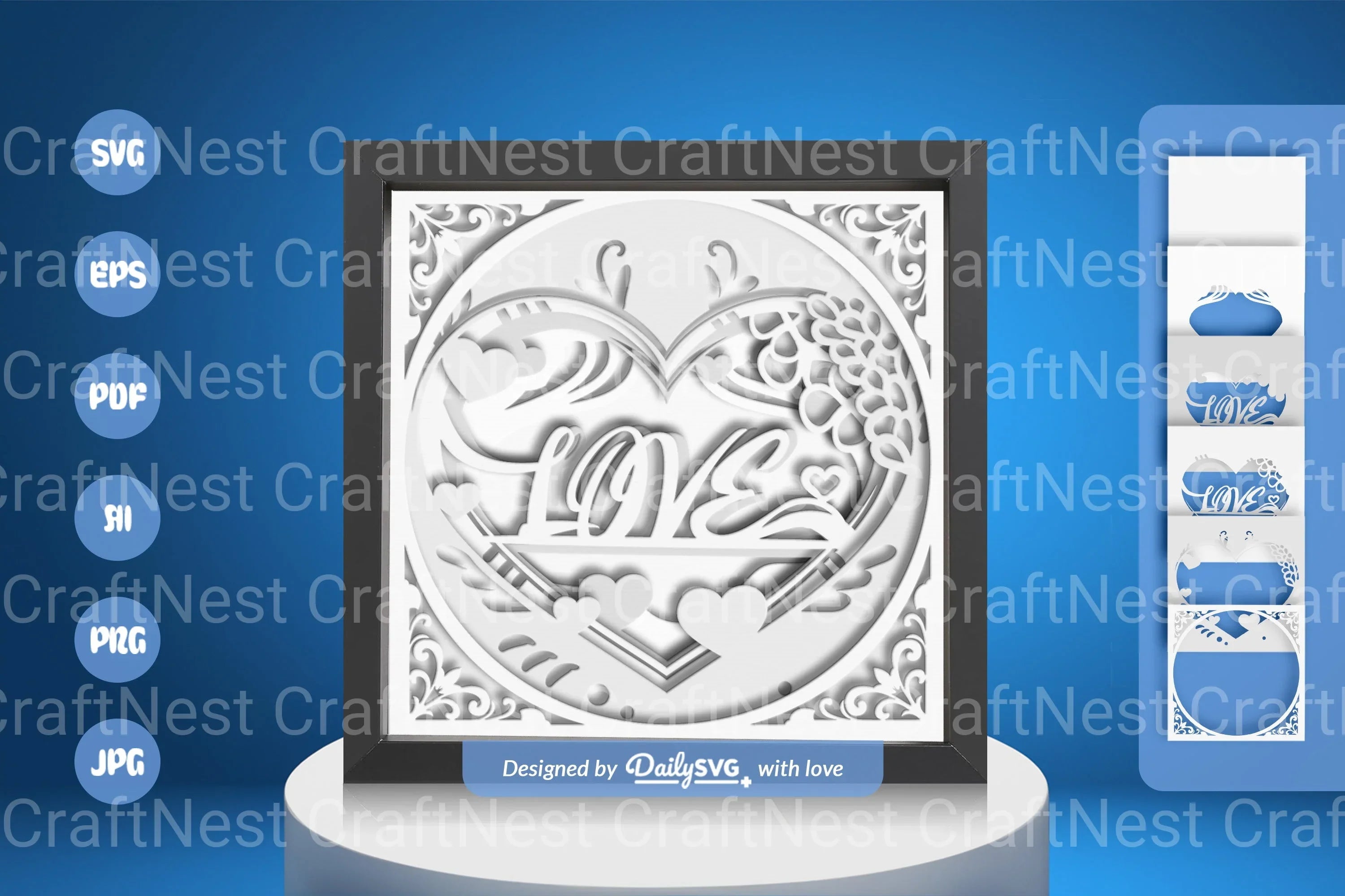 White Heart Valentine Papercut Shadow Box SVG Bundle