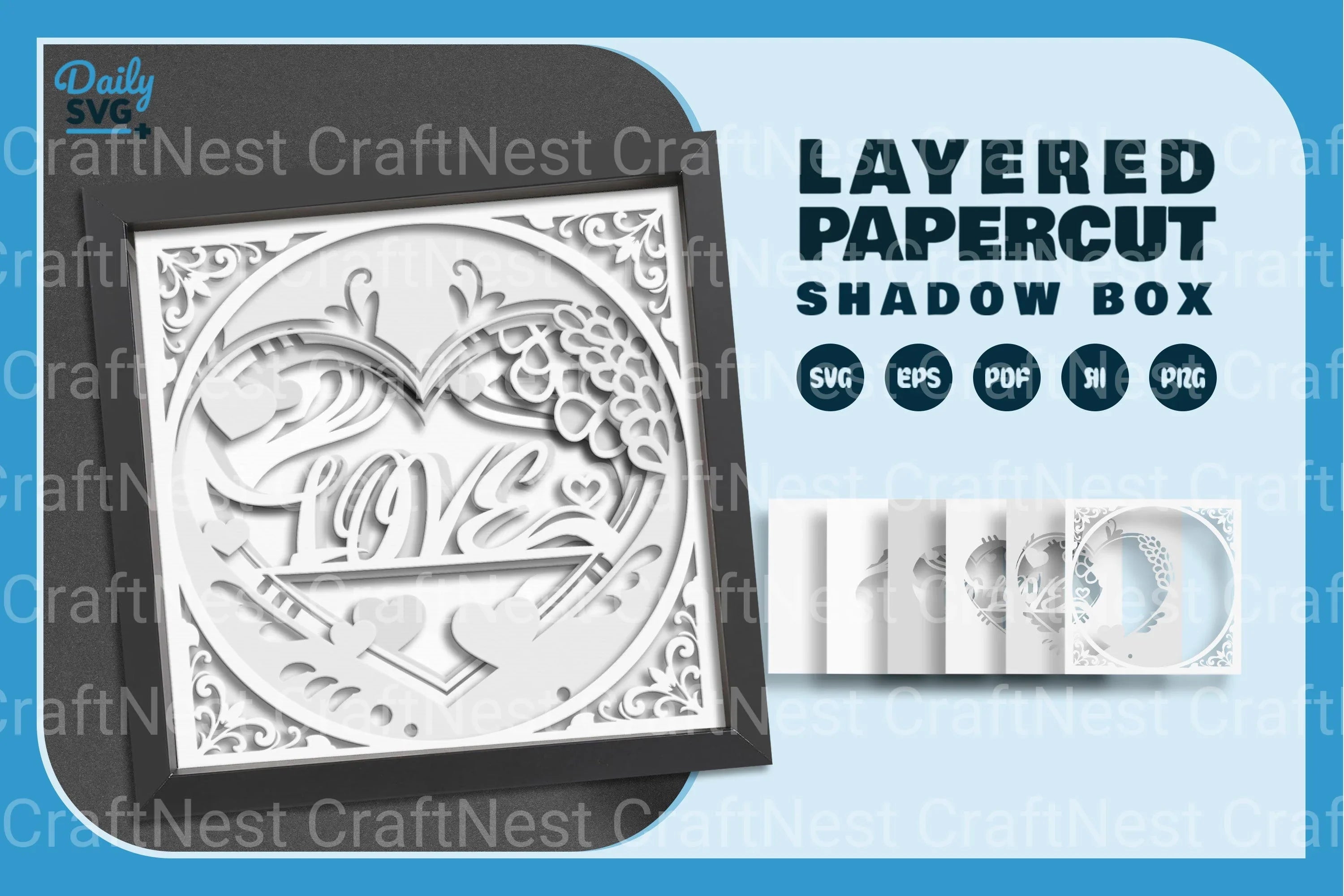 White Heart Valentine Papercut Shadow Box SVG Bundle