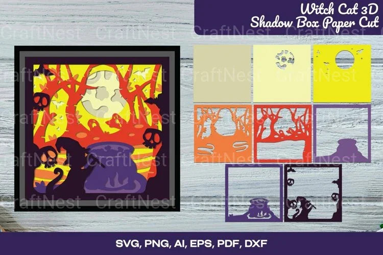 Witch Cat 3D Shadow Box SVG Bundle - CraftNest - Digital Crafting and Art