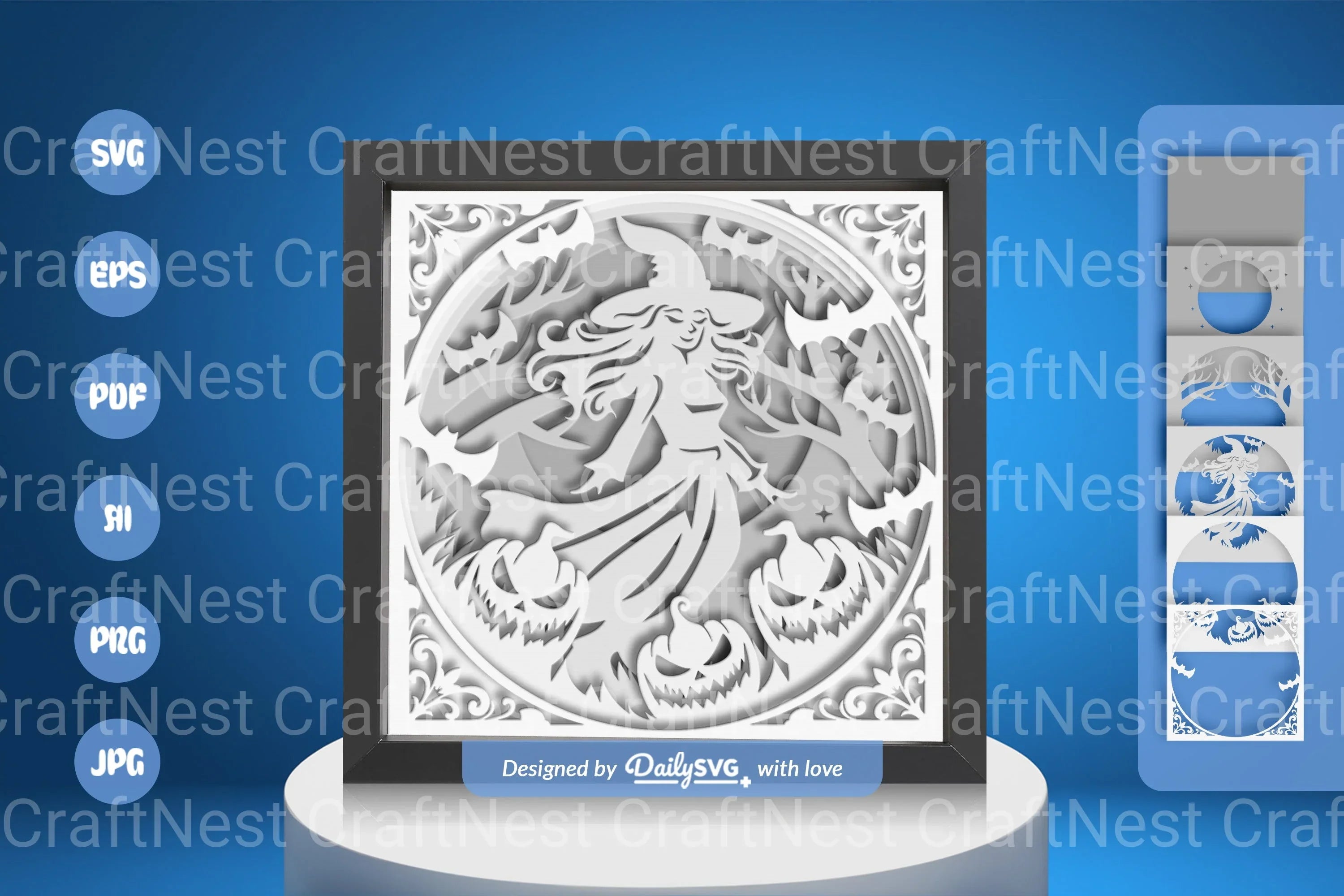 Witch in Halloween Night Scene White Papercut SVG Bundle