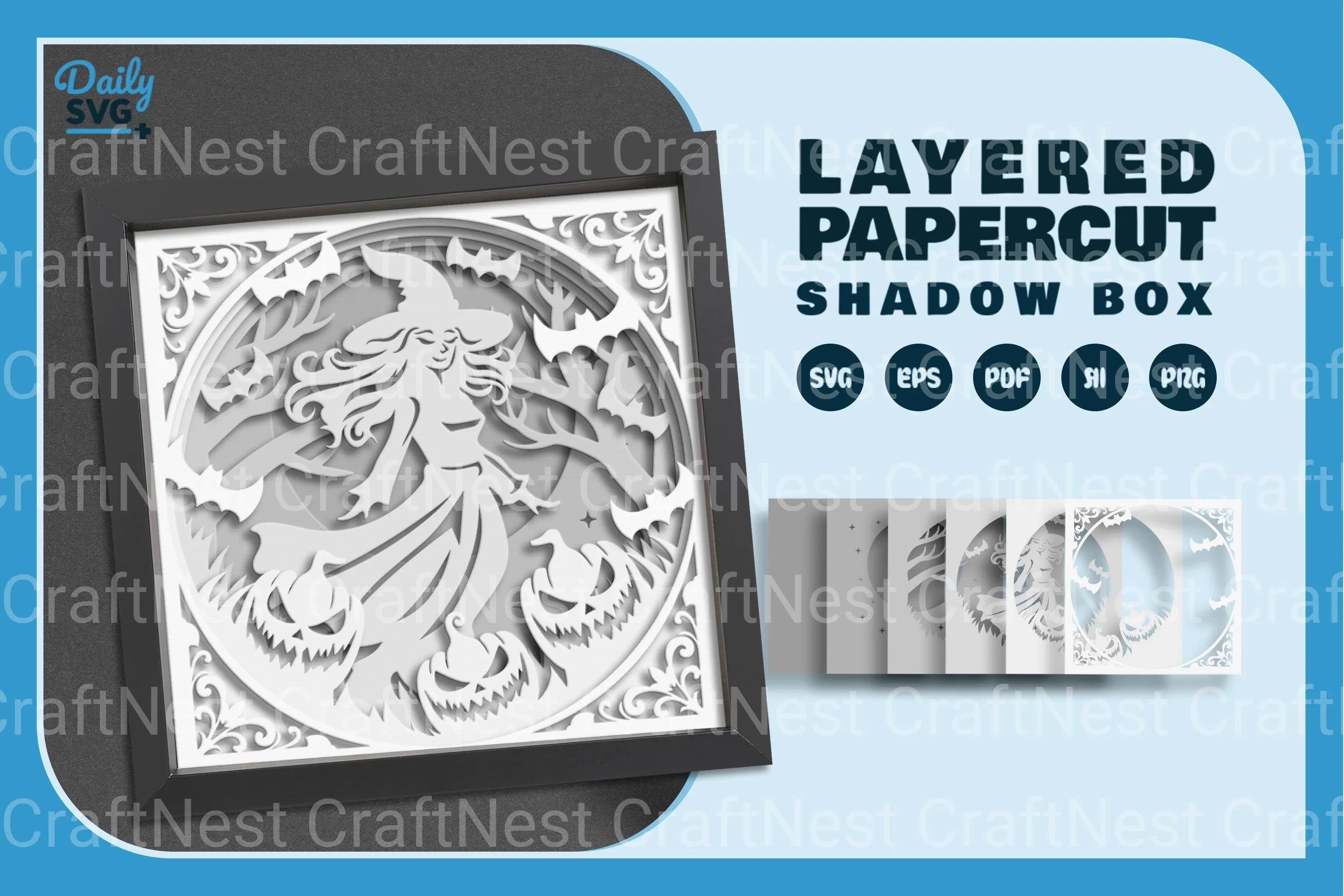 Witch in Halloween Night Scene White Papercut SVG Bundle