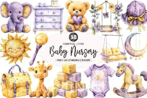 Yellow Light Lilac Baby Nursery Clipart Bundle - CraftNest - Digital Crafting and Art