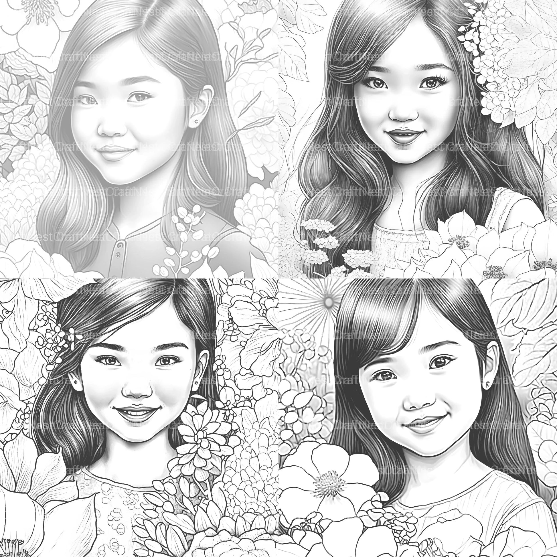 Asian Flower Girl Coloring Book - CraftNest - Digital Crafting and Art