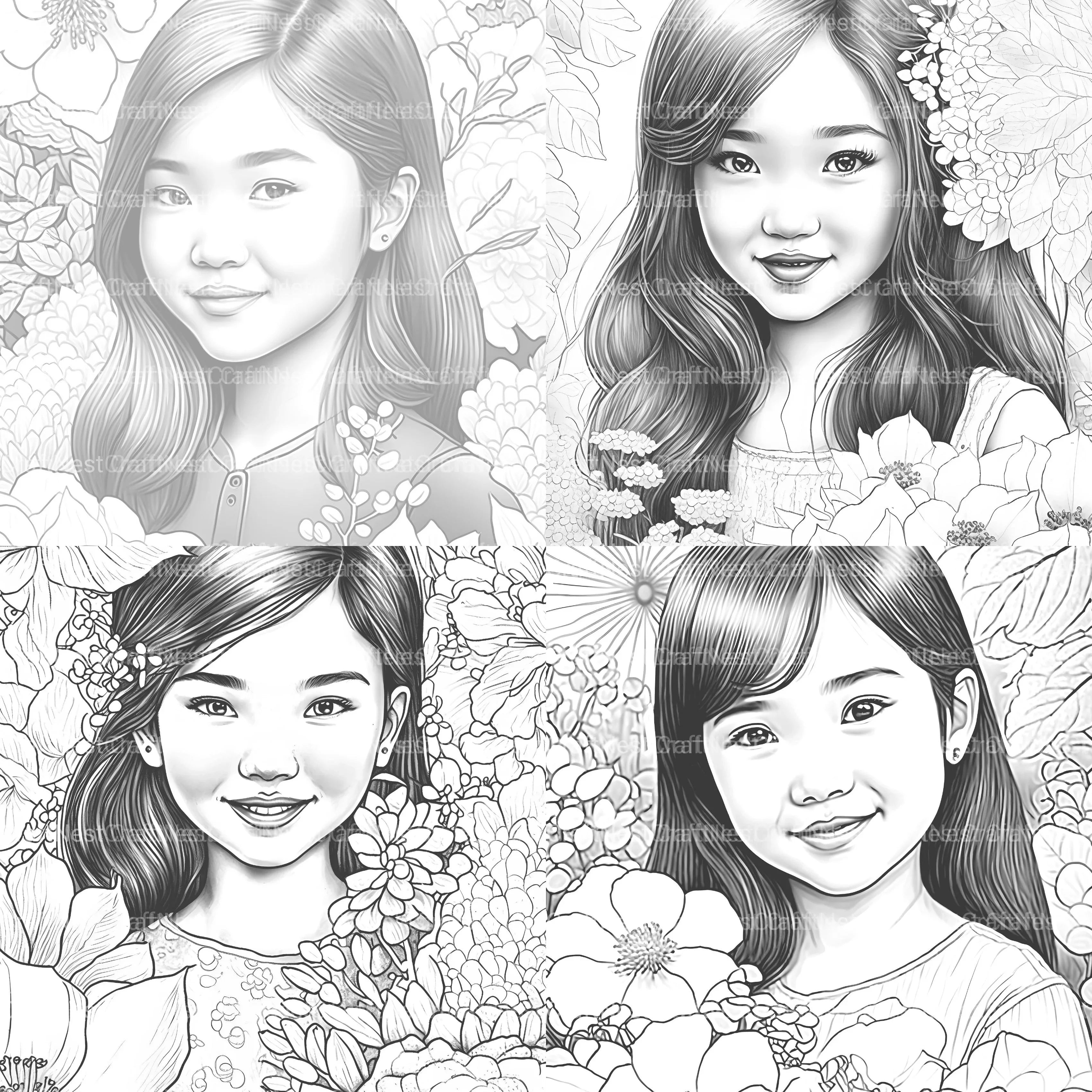 Asian Flower Girl Coloring Book - CraftNest - Digital Crafting and Art