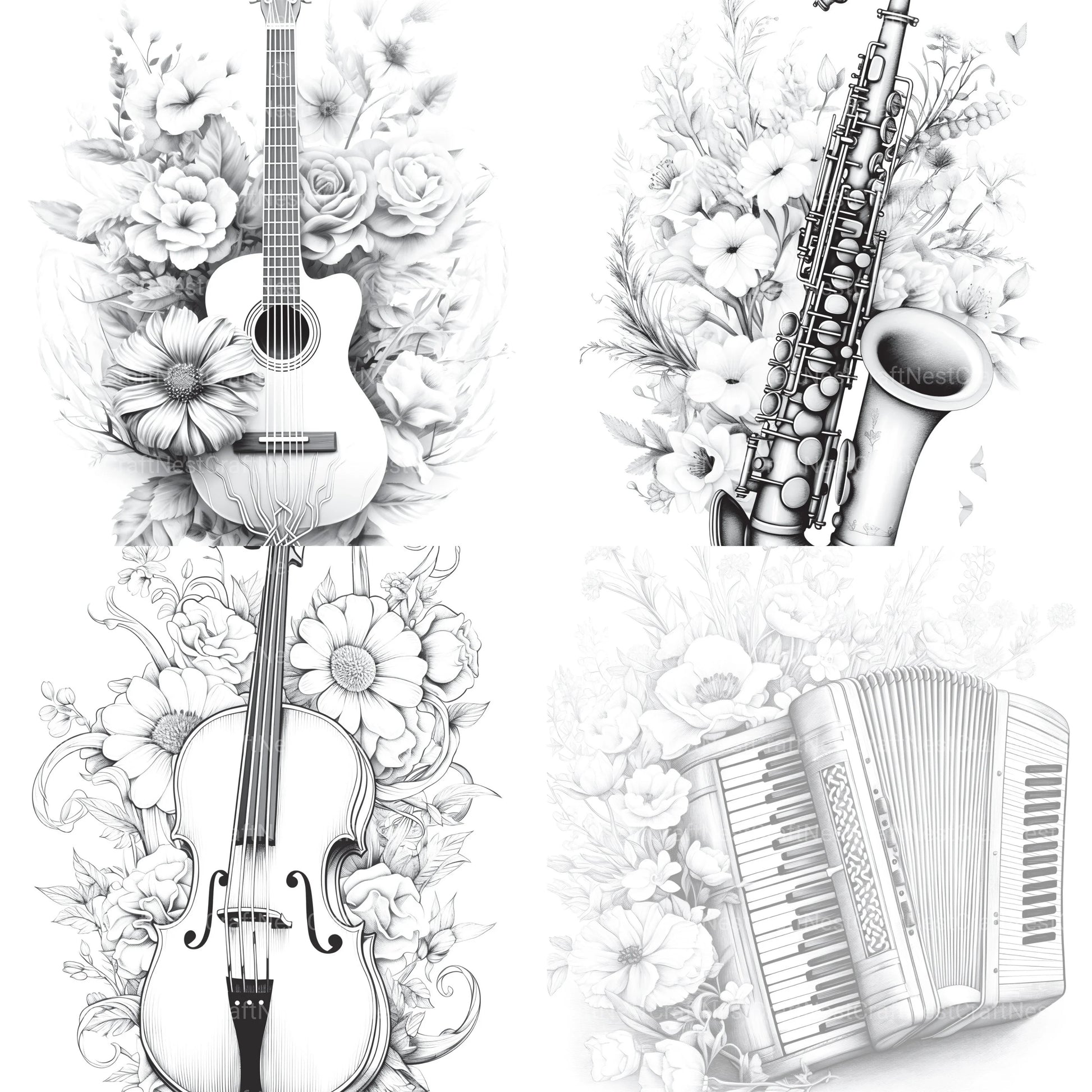 Flower Instrument Coloring Book - CraftNest - Digital Crafting and Art