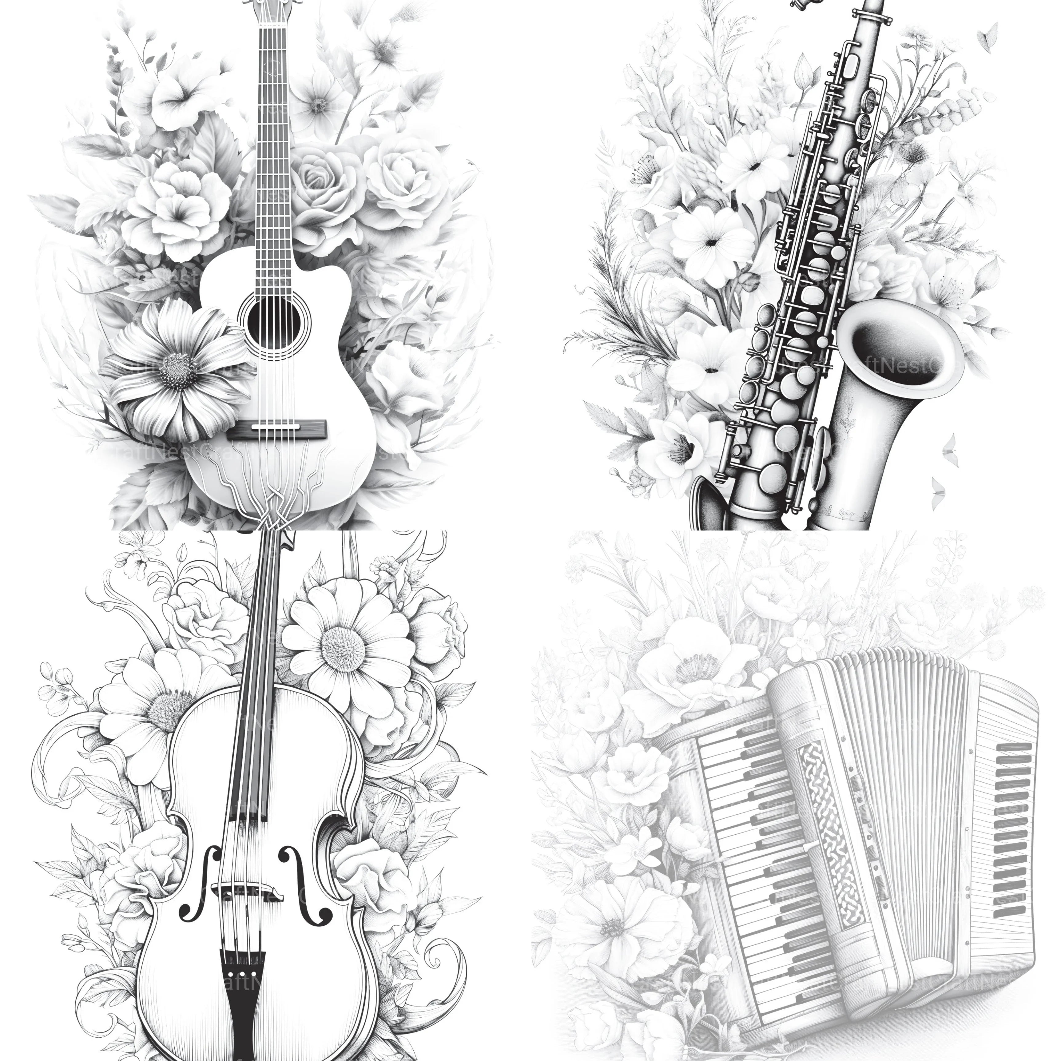 Flower Instrument Coloring Book - CraftNest - Digital Crafting and Art