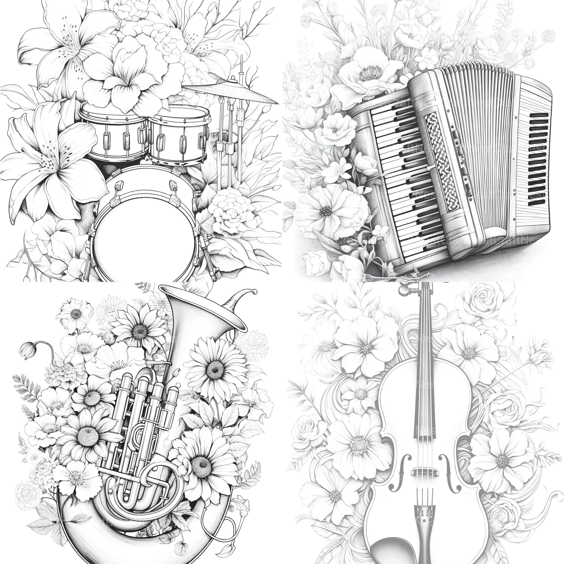 Flower Instrument Coloring Book - CraftNest - Digital Crafting and Art