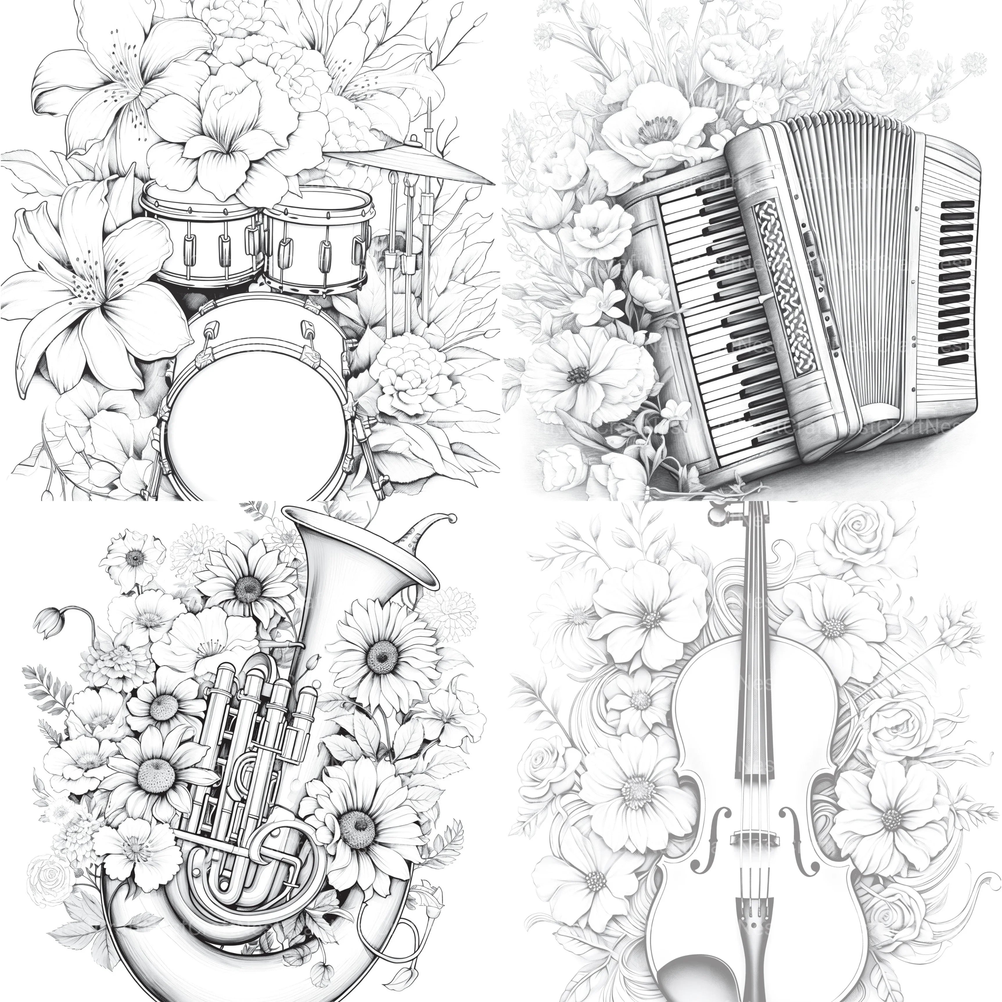 Flower Instrument Coloring Book - CraftNest - Digital Crafting and Art