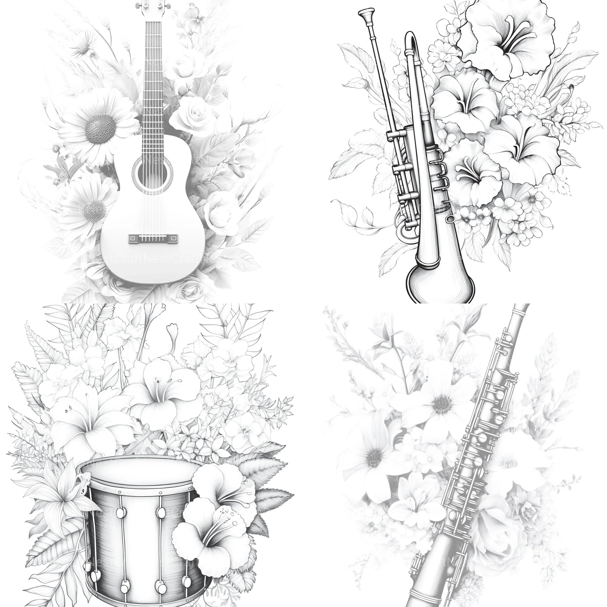 Flower Instrument Coloring Book - CraftNest - Digital Crafting and Art