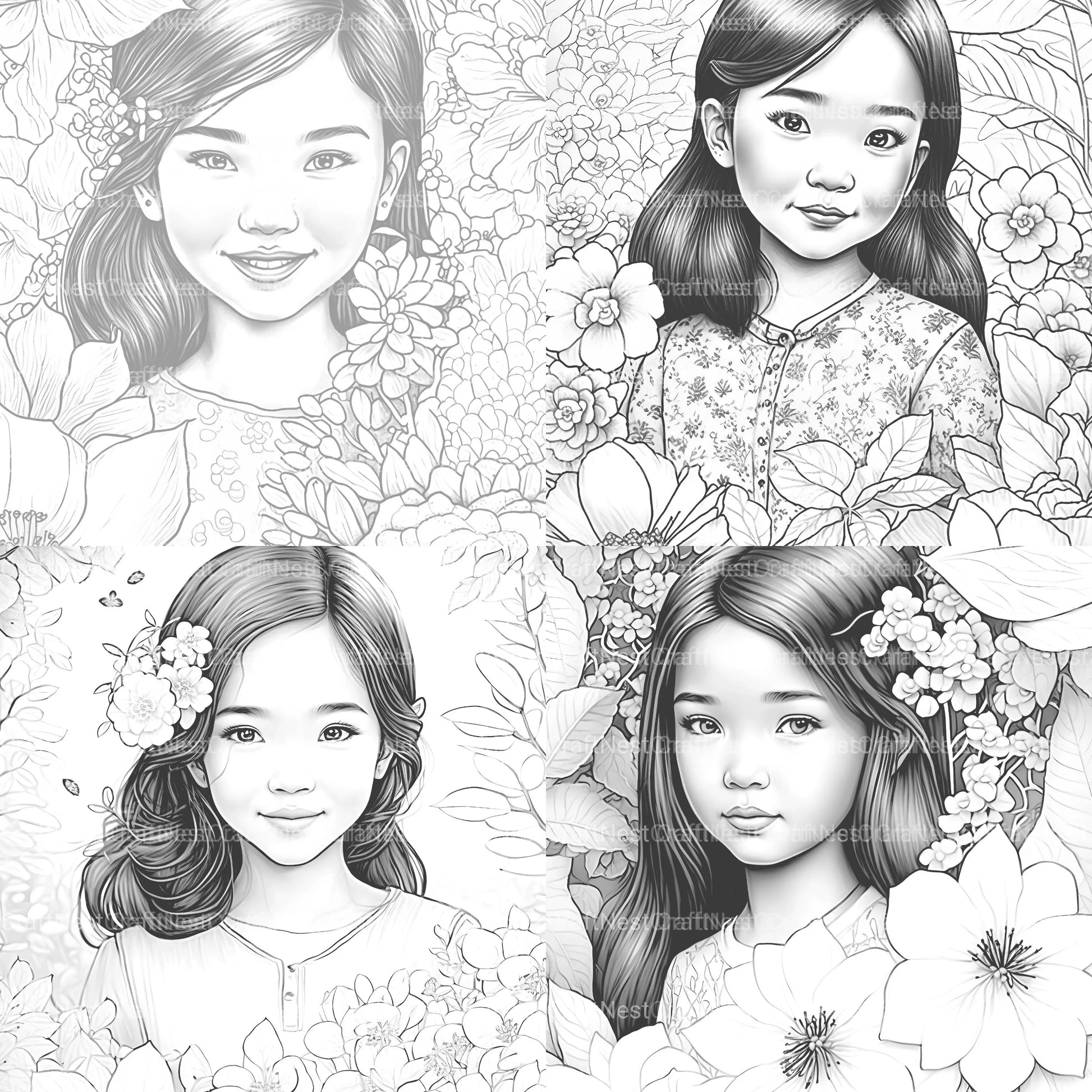 Asian Flower Girl Coloring Book - CraftNest - Digital Crafting and Art