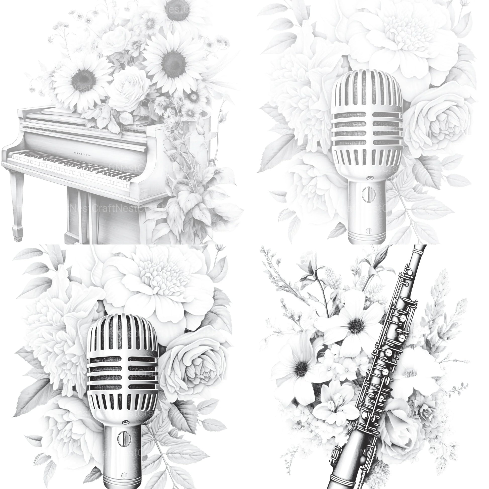 Flower Instrument Coloring Book - CraftNest - Digital Crafting and Art