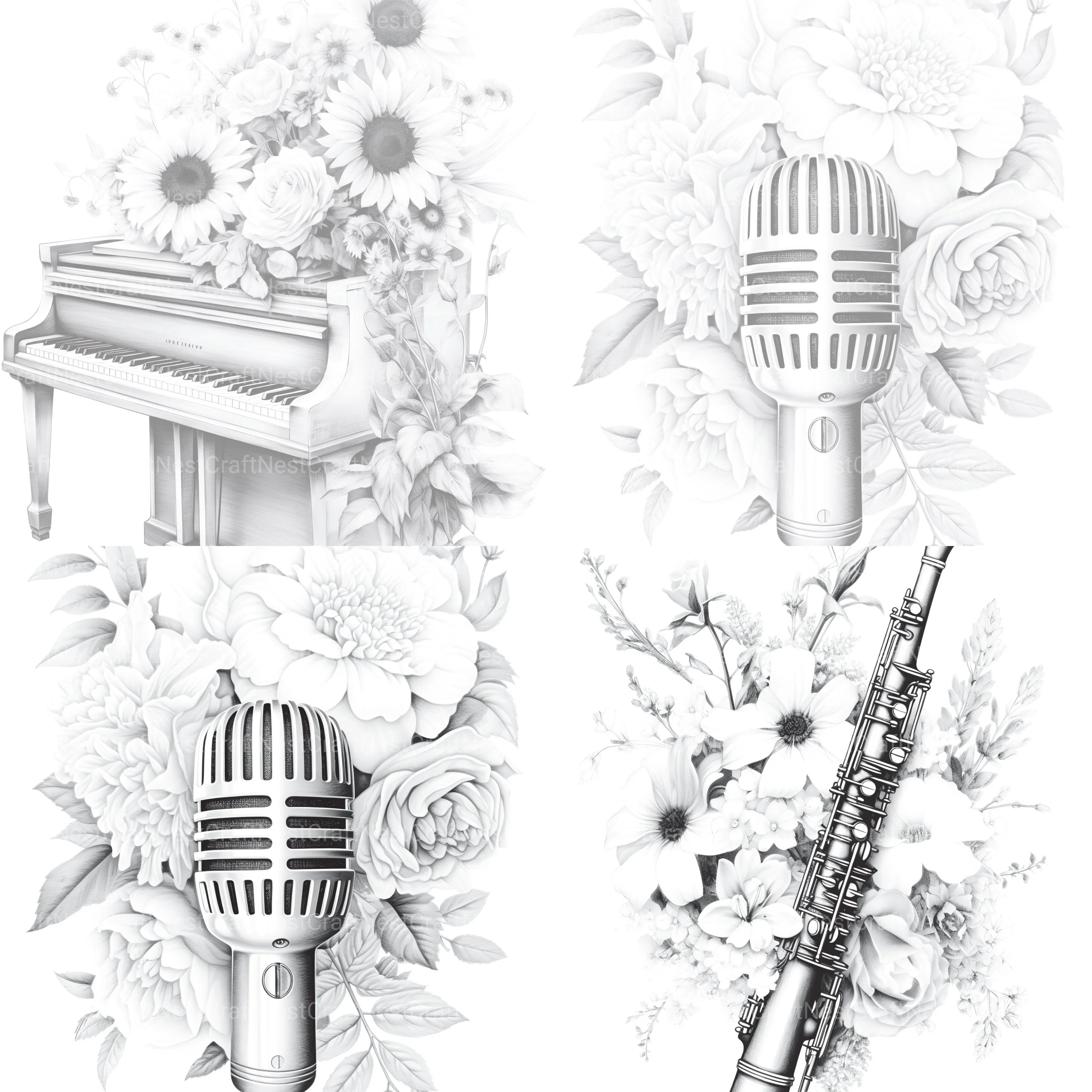 Flower Instrument Coloring Book - CraftNest - Digital Crafting and Art