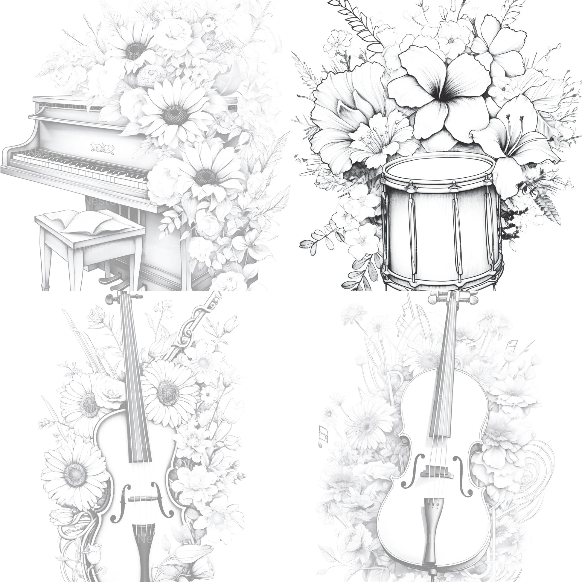 Flower Instrument Coloring Book - CraftNest - Digital Crafting and Art