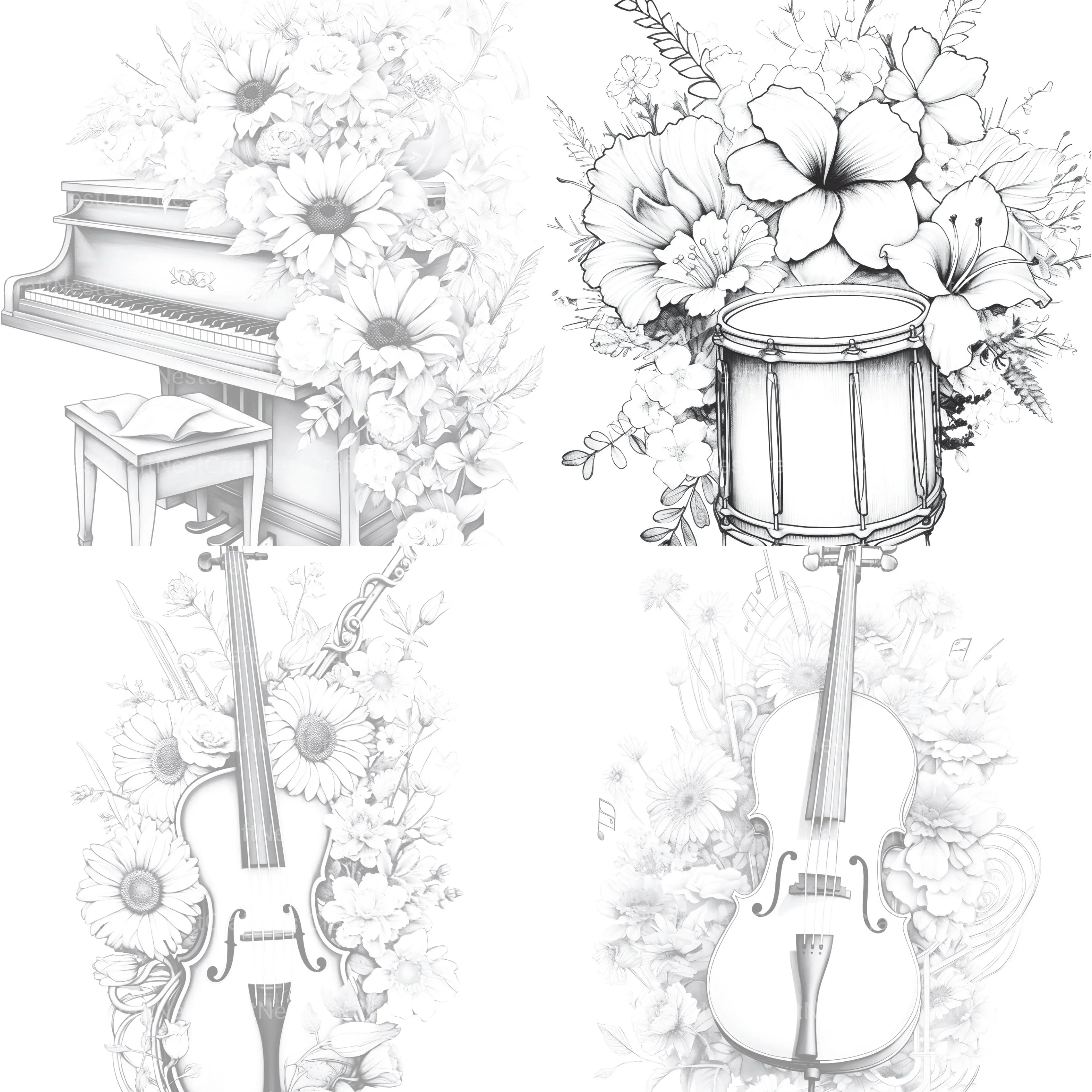 Flower Instrument Coloring Book - CraftNest - Digital Crafting and Art