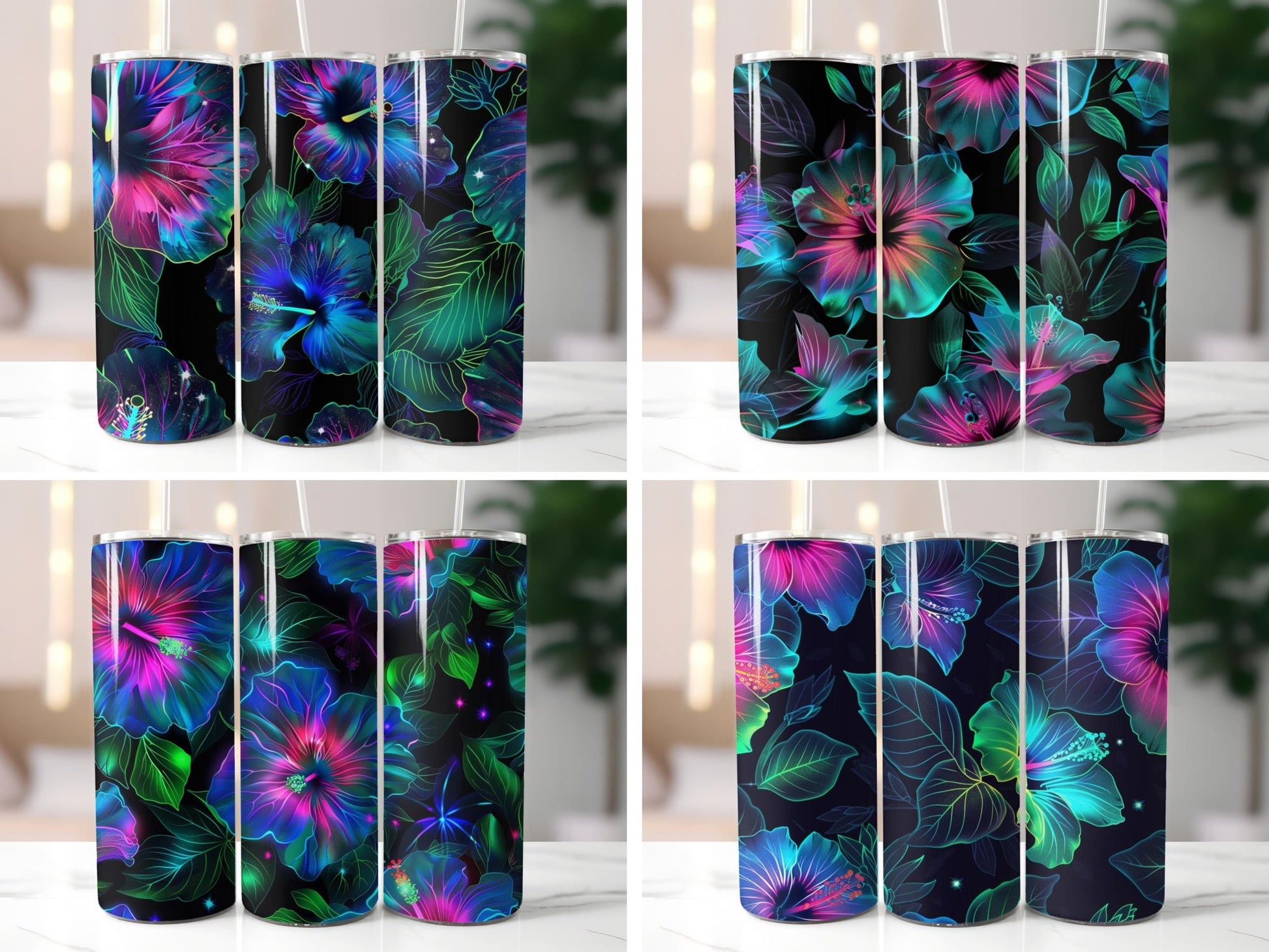 Neon Glowing Hibiscus Tumbler Wrap - CraftNest - Digital Crafting and Art