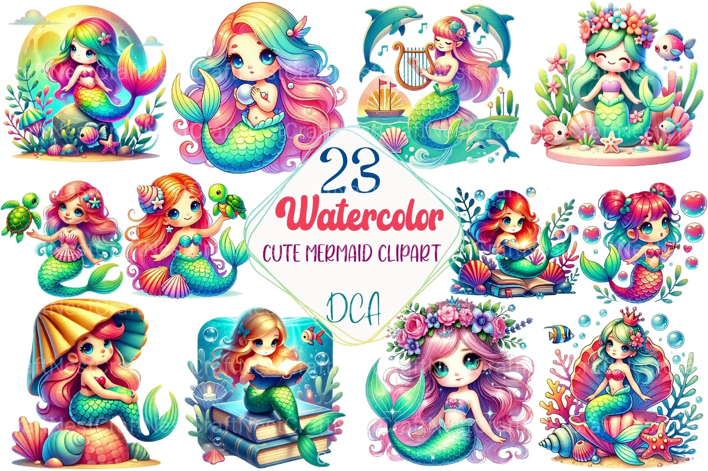 Cute Mermaid Clipart Bundle 6 - CraftNest - Digital Crafting and Art