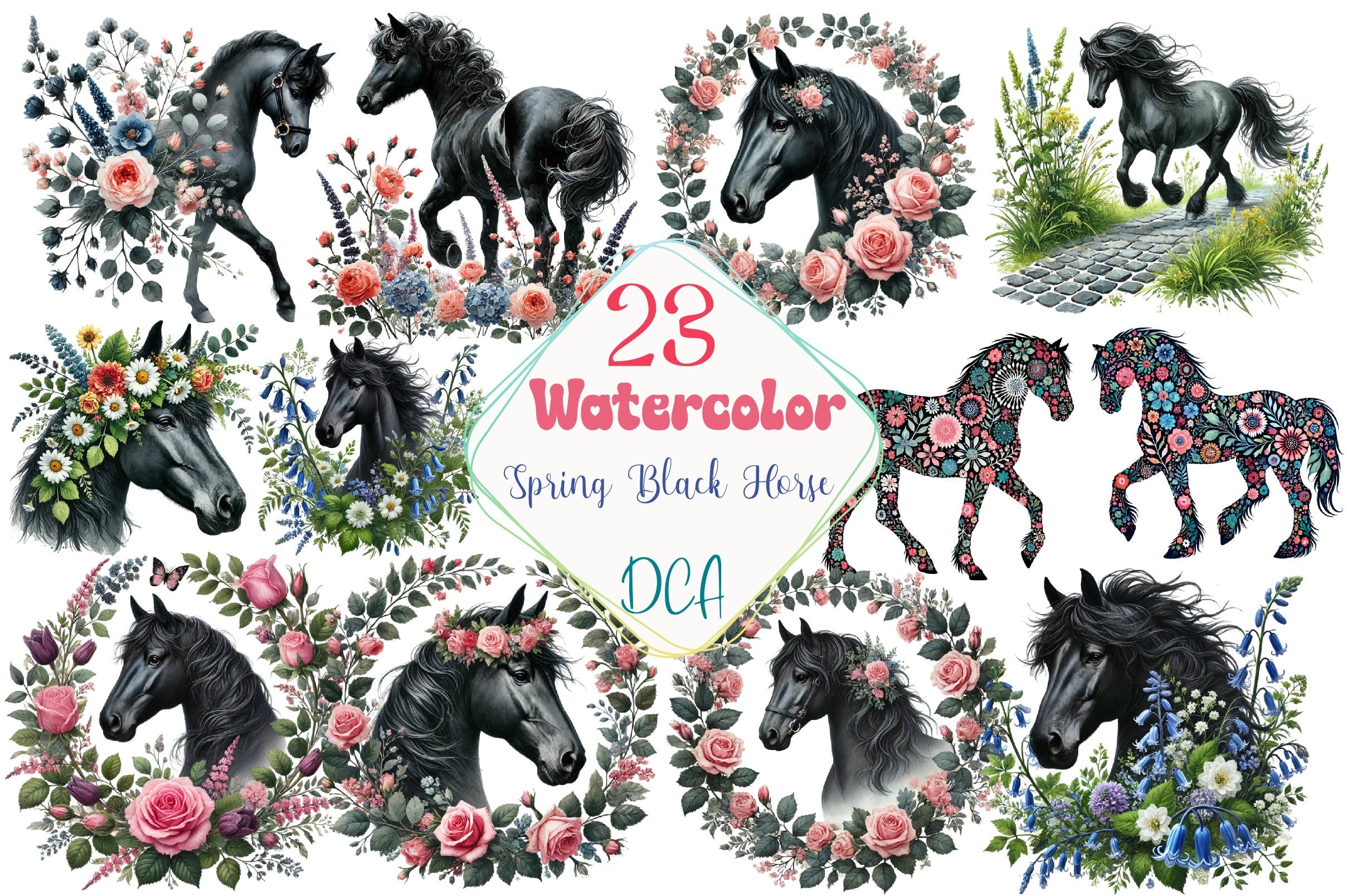 Spring Black Horse Clipart Bundle