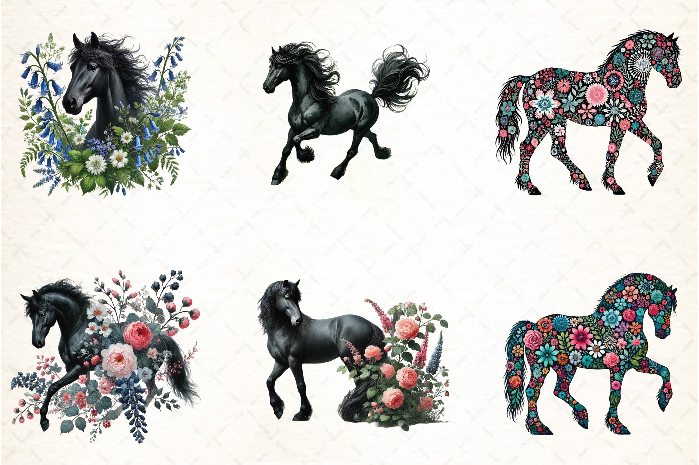 Spring Black Horse Clipart Bundle