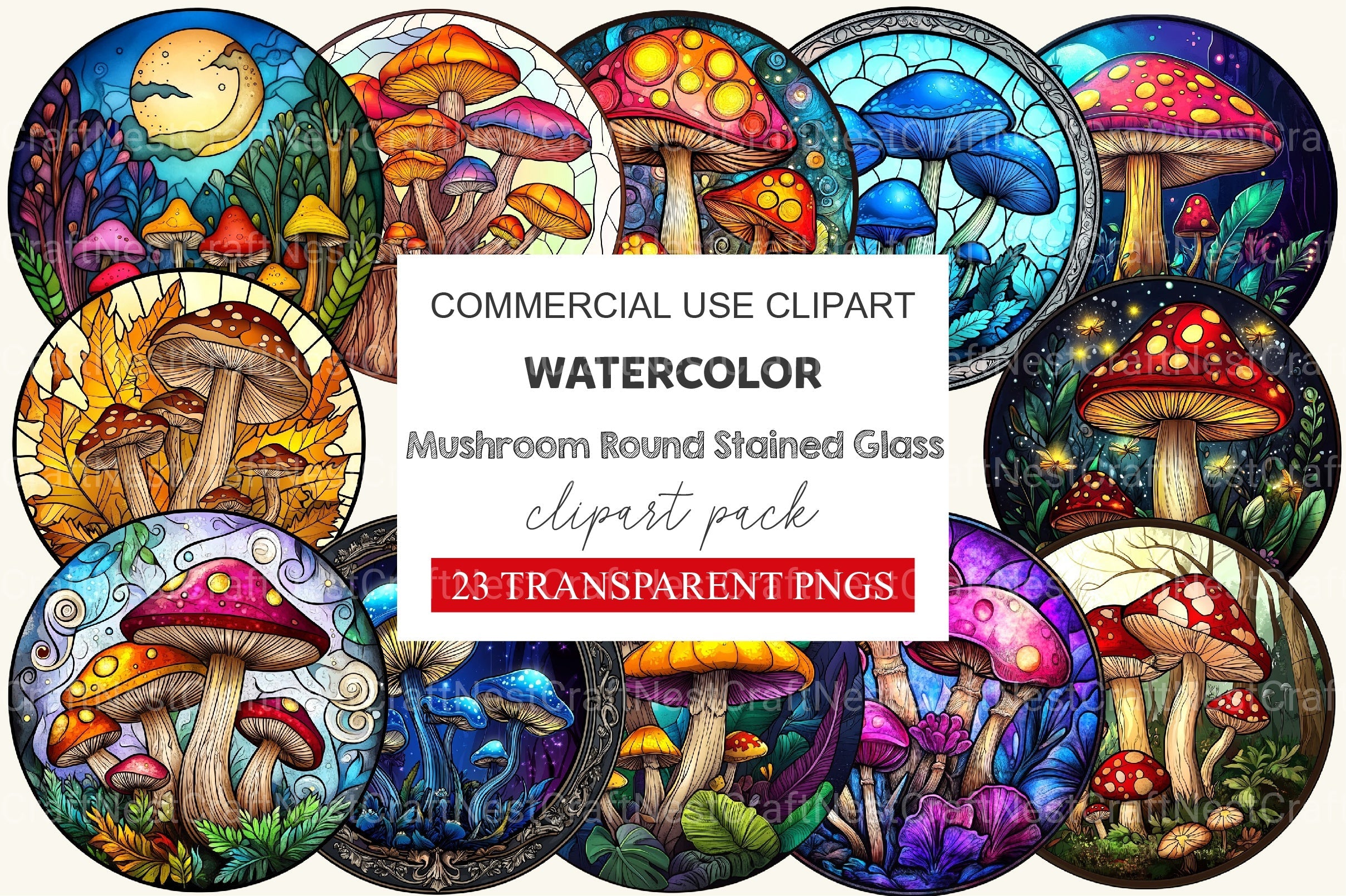 Mushroom Round Stained Glass Clipart Bundle