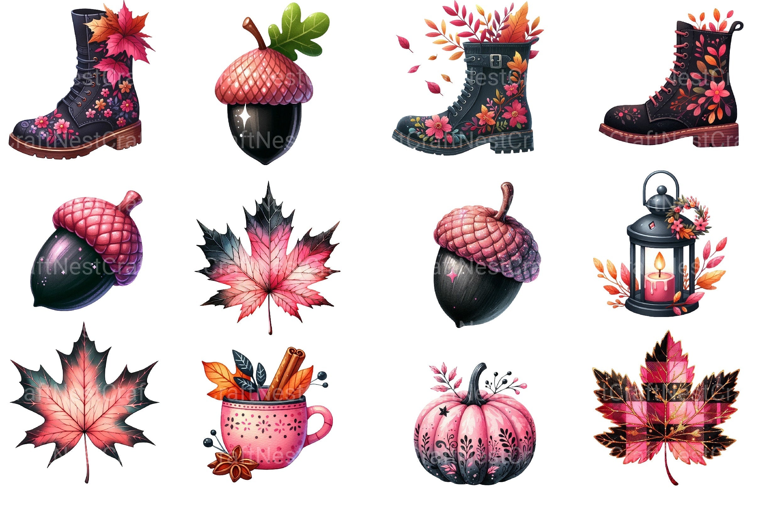 Pink Black Autumn Clipart Bundle