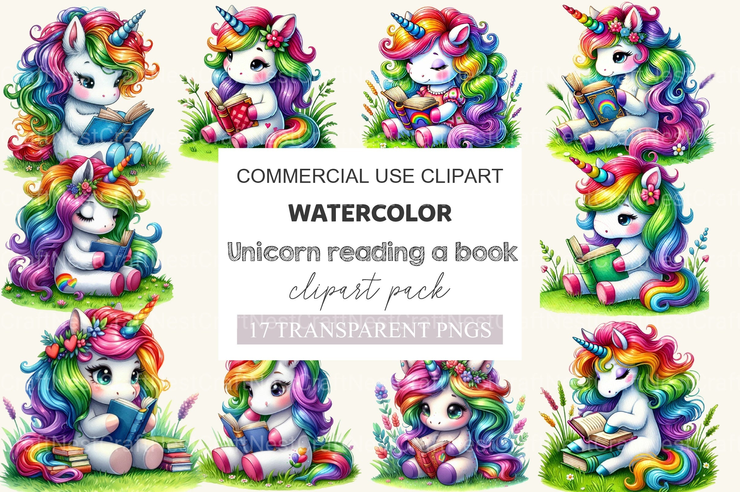 Unicorn Reading A Book Clipart Bundle