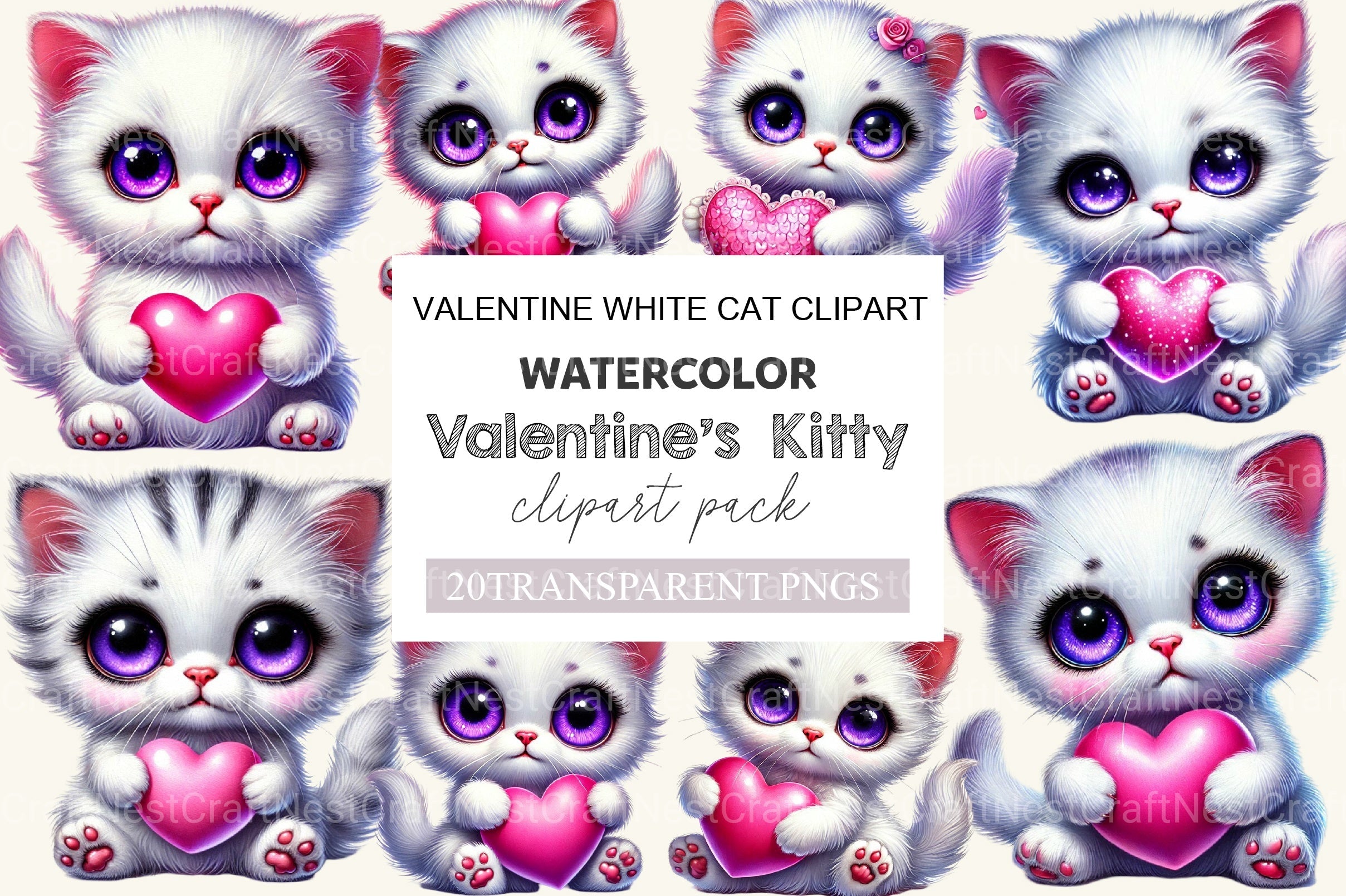 Valentine White Cat Clipart Bundle