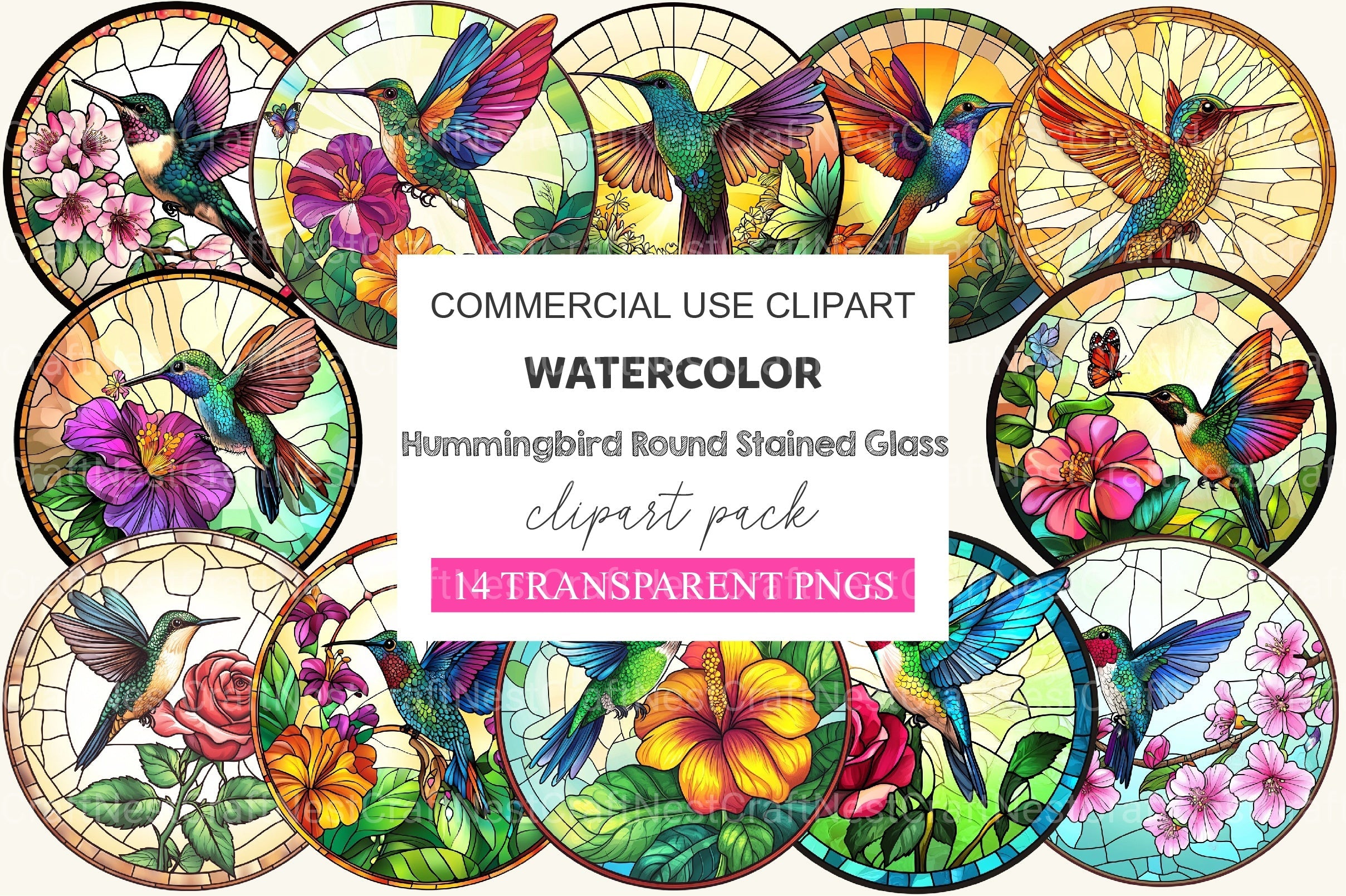 Hummingbird Round Stained Glass Clipart Bundle