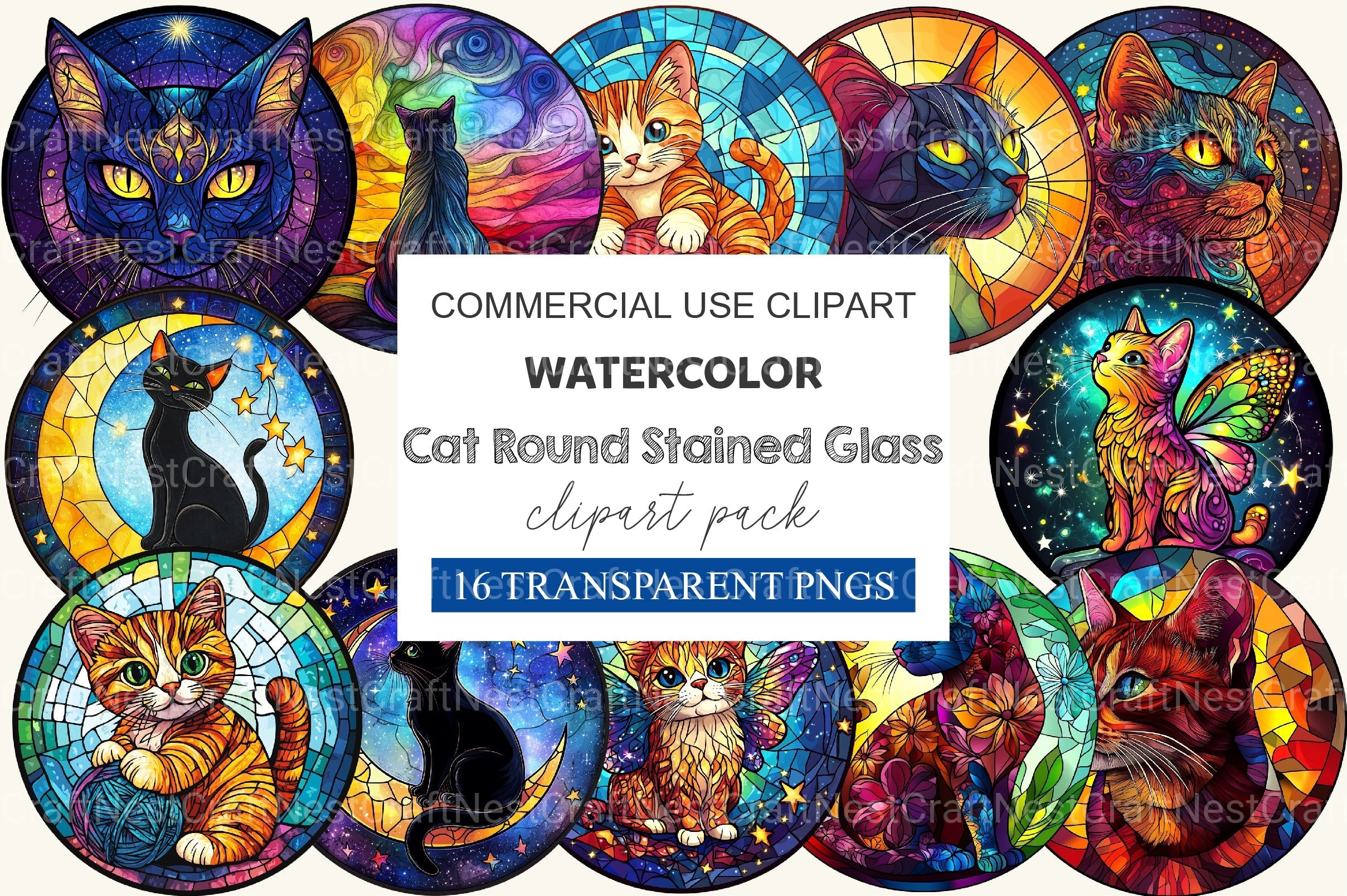 Cat Round Stained Glass Clipart Bundle