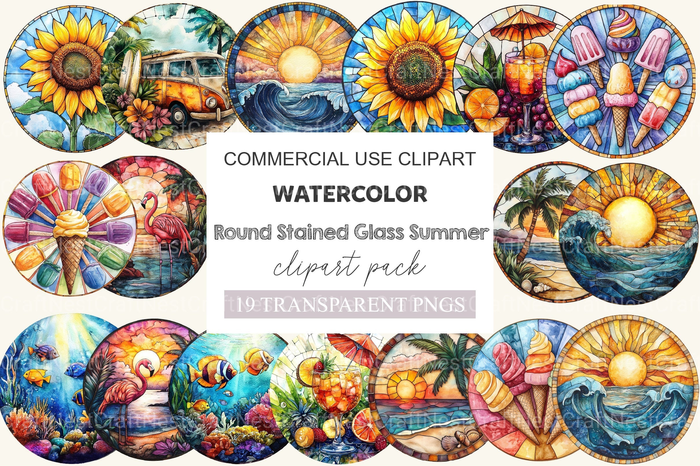 Round Stained Glass Summer Clipart Bundle 3