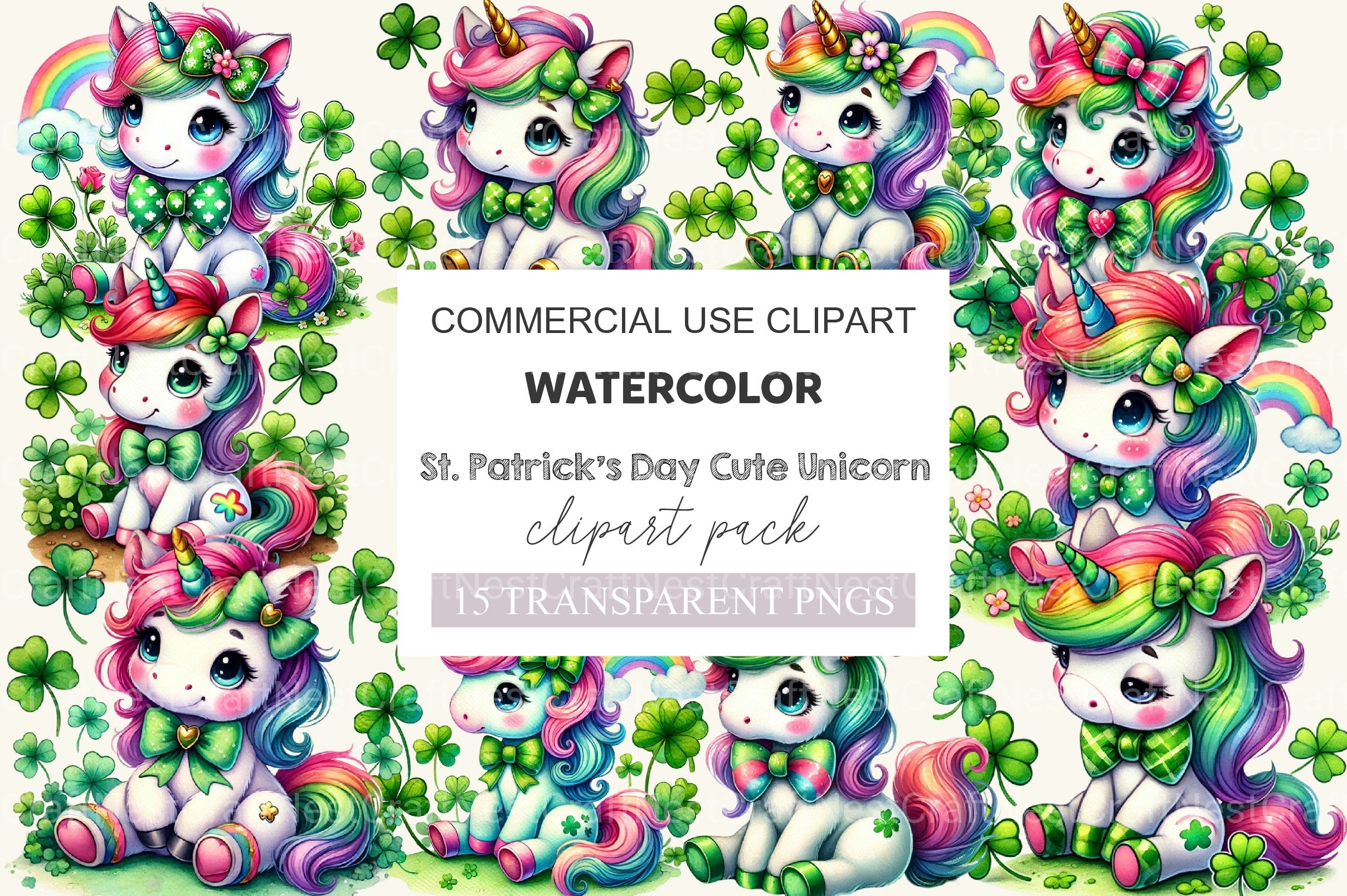 St Patrick's Day Cute Unicorn's Clipart Bundle