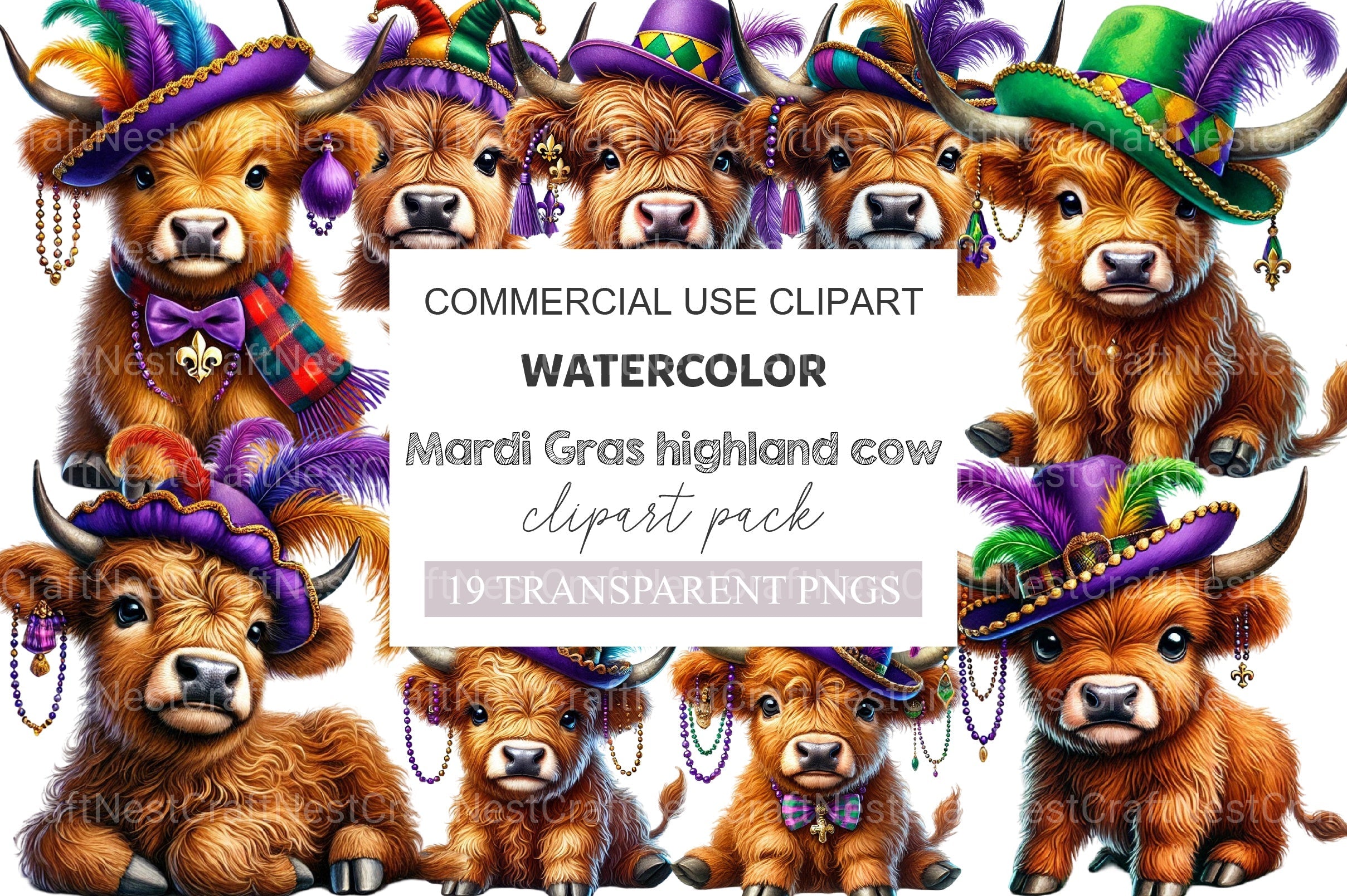 Mardi Gras Highland Cow Clipart Bundle 2