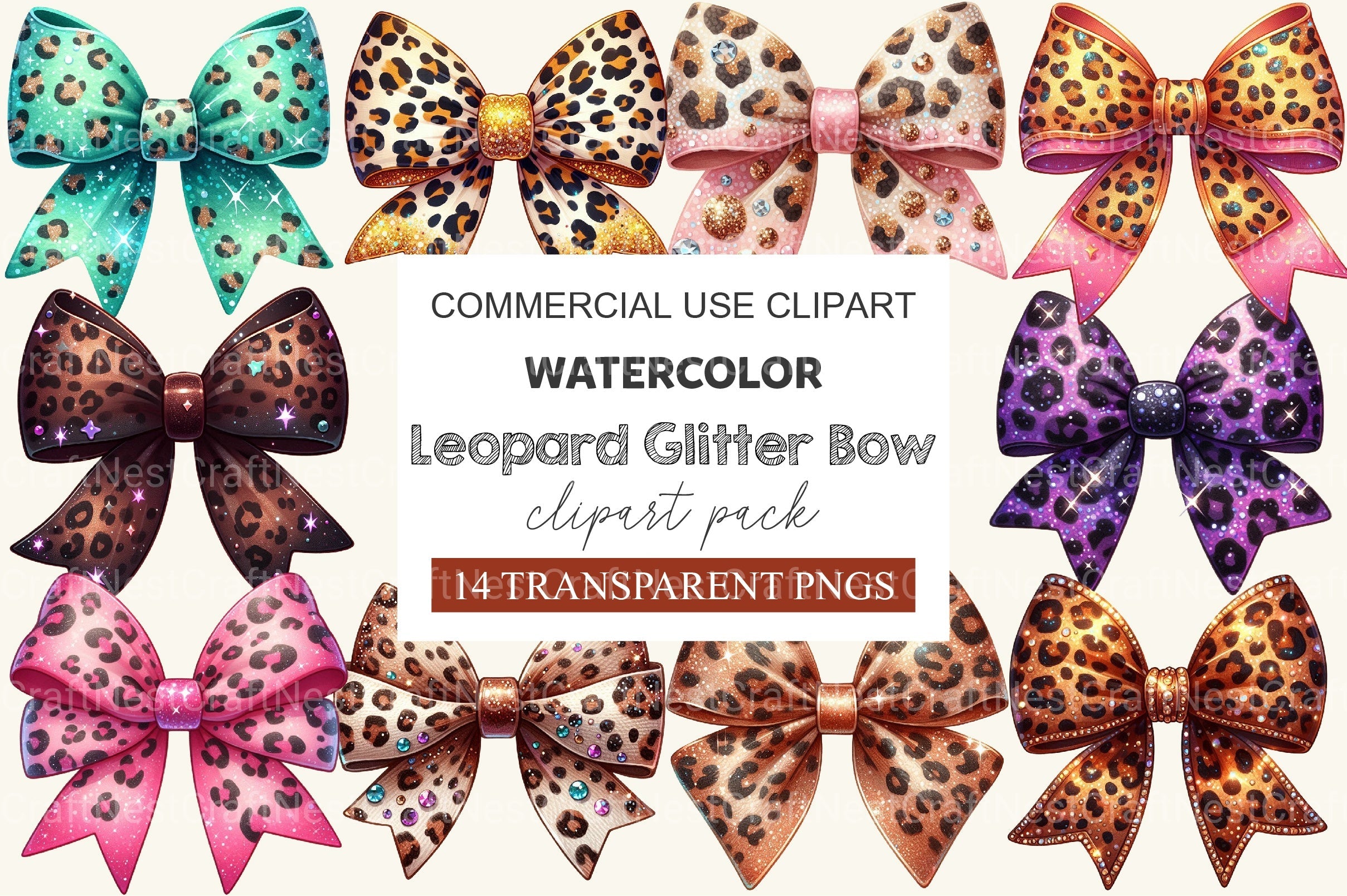 Leopard Glitter Bow Clipart Bundle 2