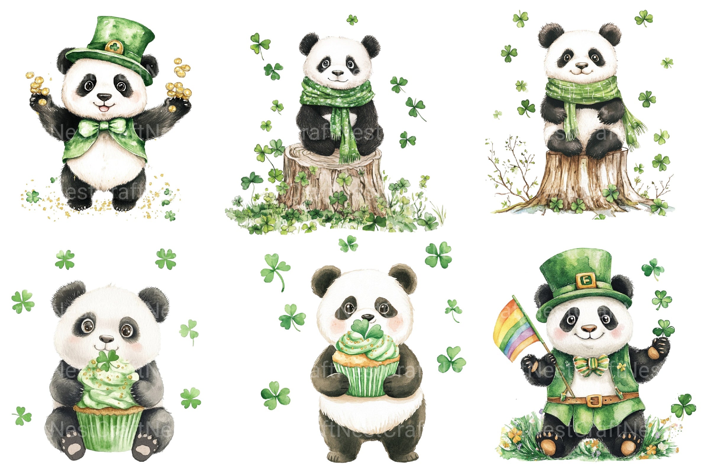St Patrick's Day Cute Panda Clipart Bundle 2