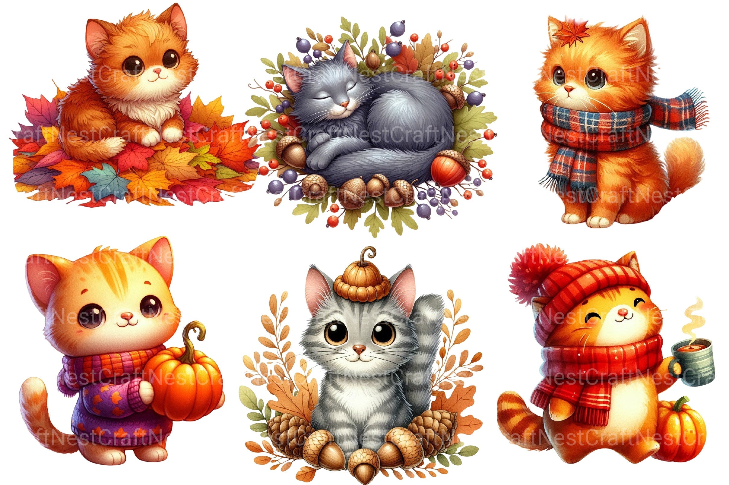 Autumn Cat Clipart Bundle 2