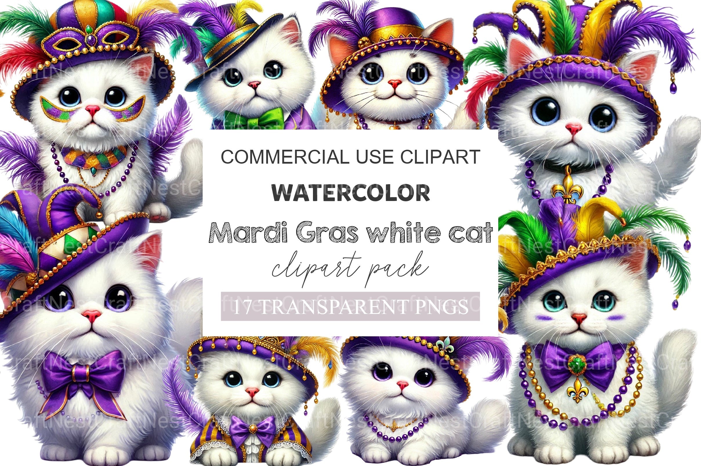 Mardi Gras White Cat Clipart Bundle