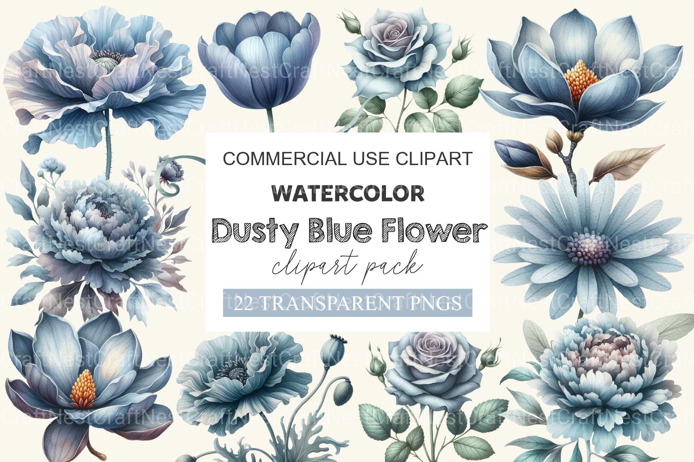 Dusty Blue Flower Clipart Bundle